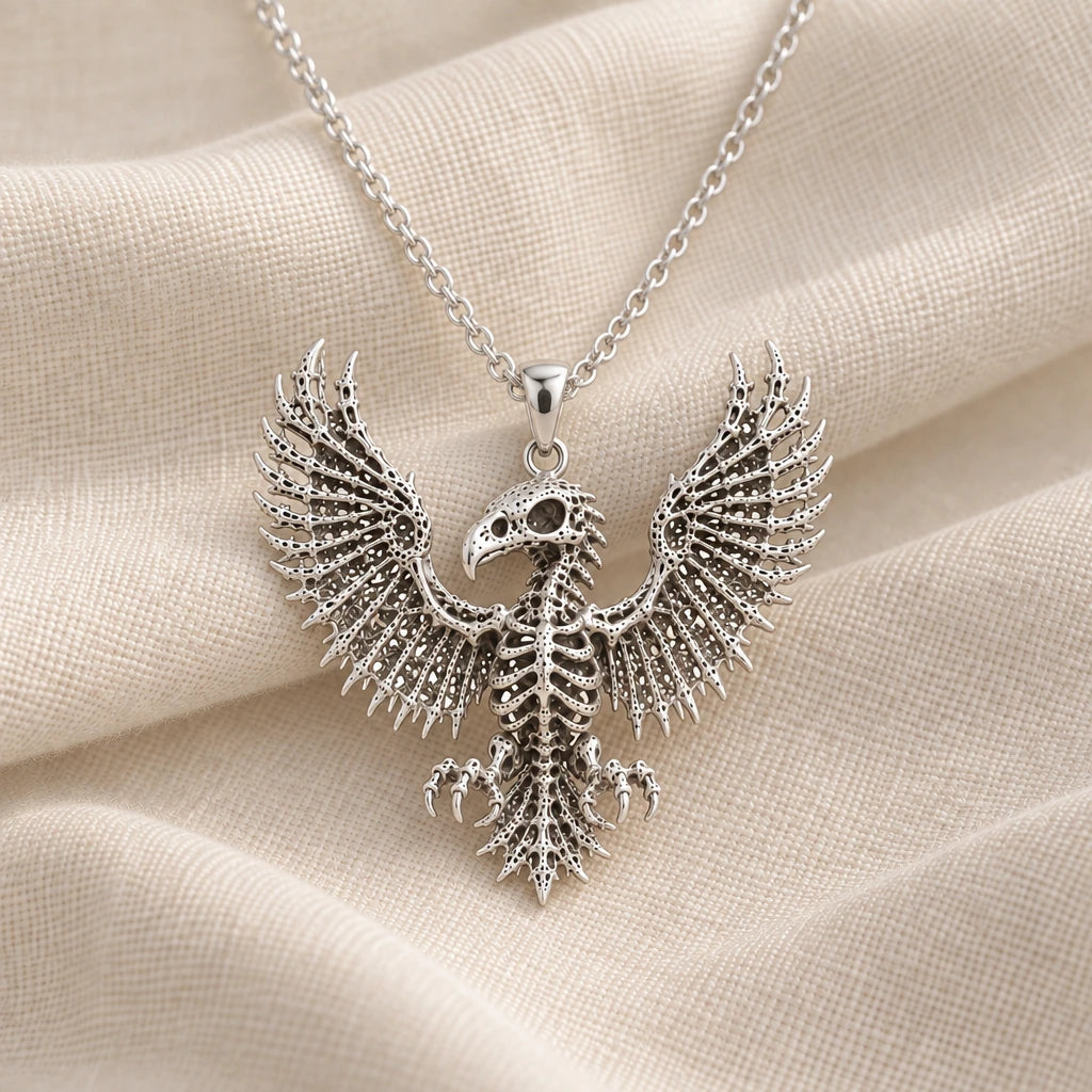 925 sterling silver sacred eagle skeleton pendant necklace on cream fabric