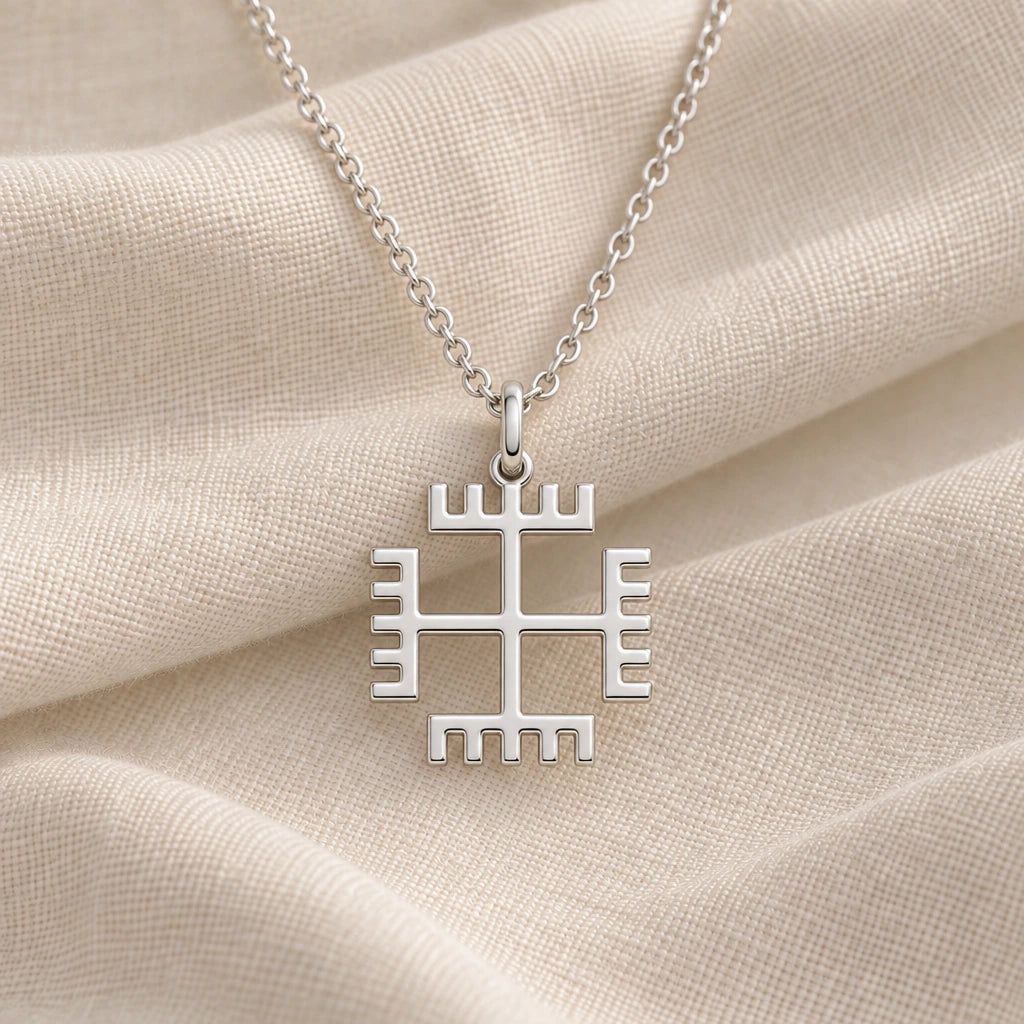 925 sterling silver stepped sun cross pendant necklace on cream fabric