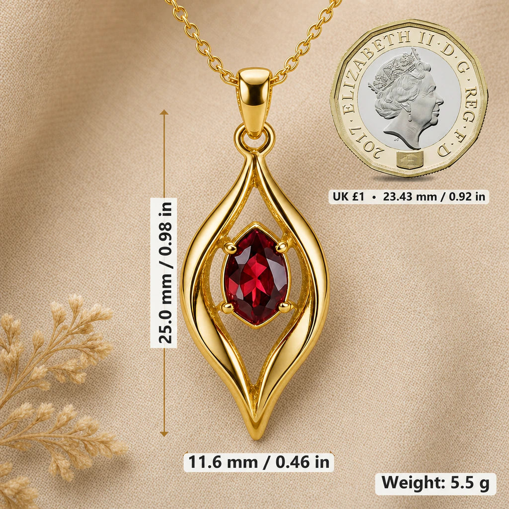 Organic Flame Birthstone Pendant Necklace size guide, 25 by 11.6 mm