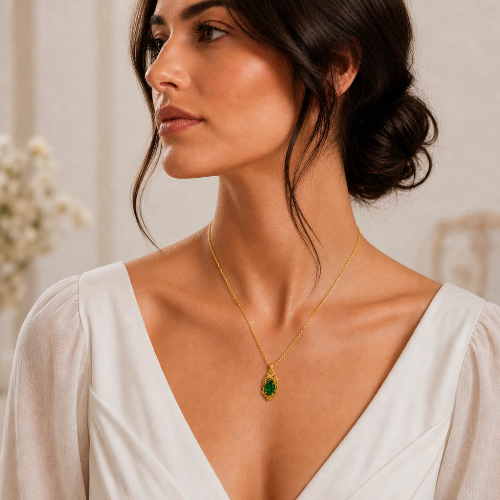 Vine Ring Teardrop Birthstone Pendant Necklace worn