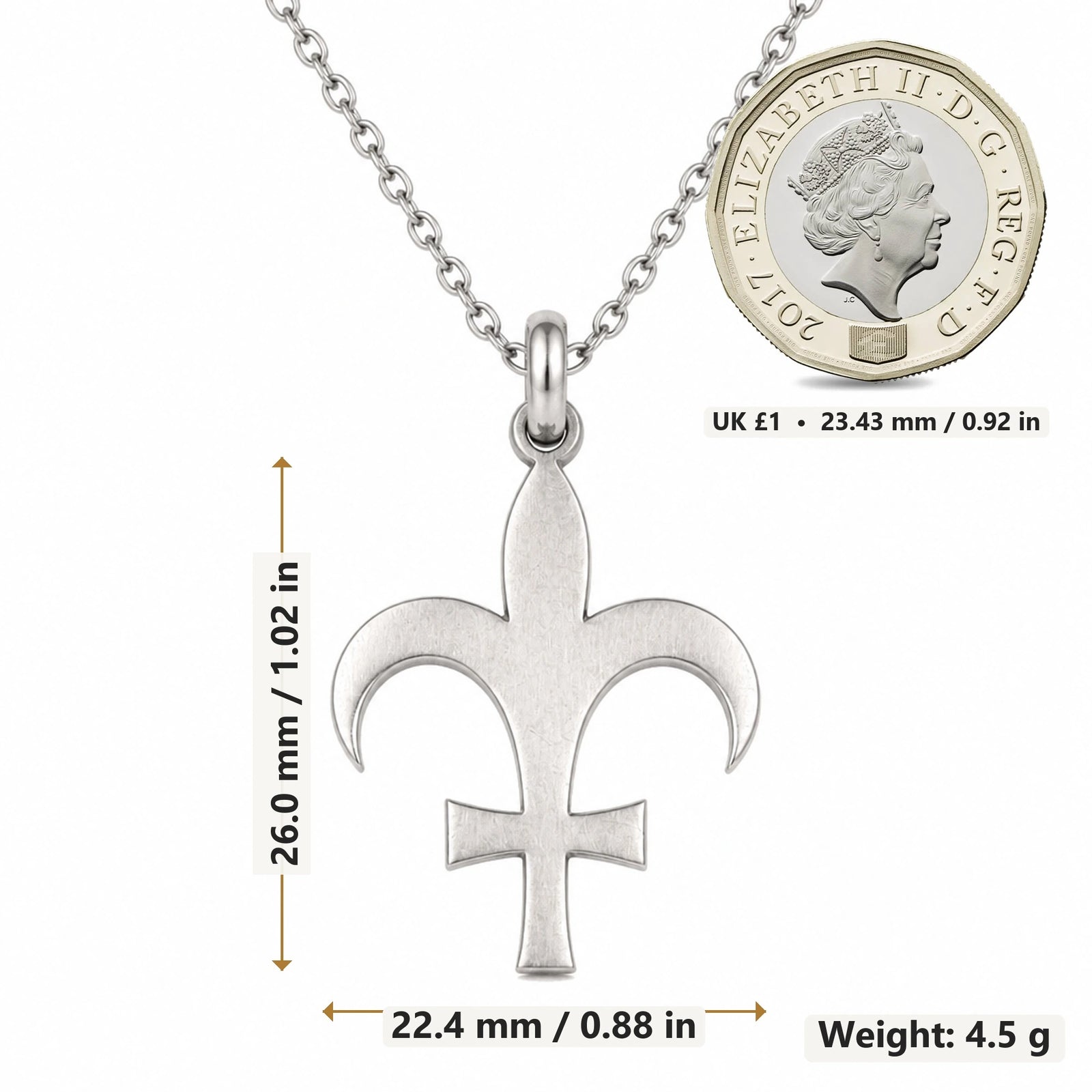 Lutetia Asteroid Symbol pendant necklace size image showing 26.0 mm height, 22.4 mm width and 4.5 g weight