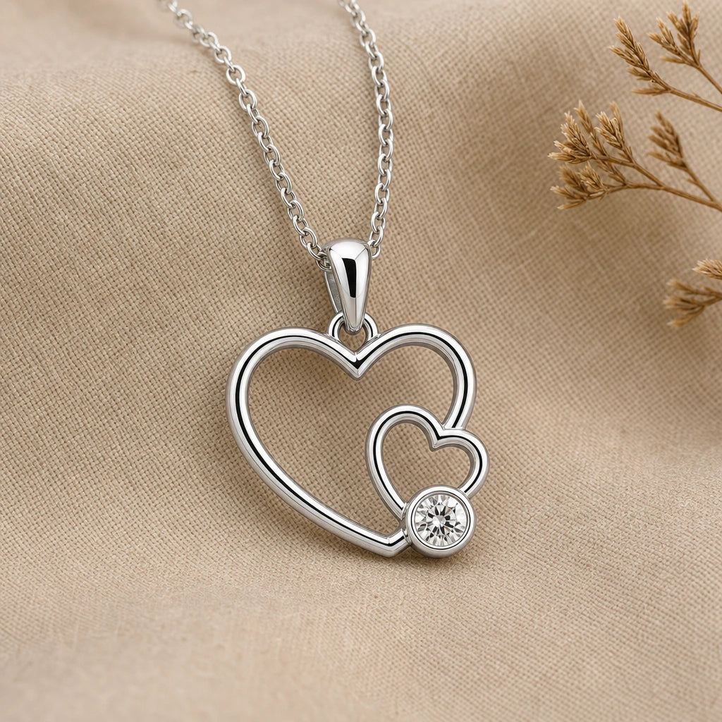 Mother Daughter Double Heart Birthstone Pendant Necklace in sterling silver