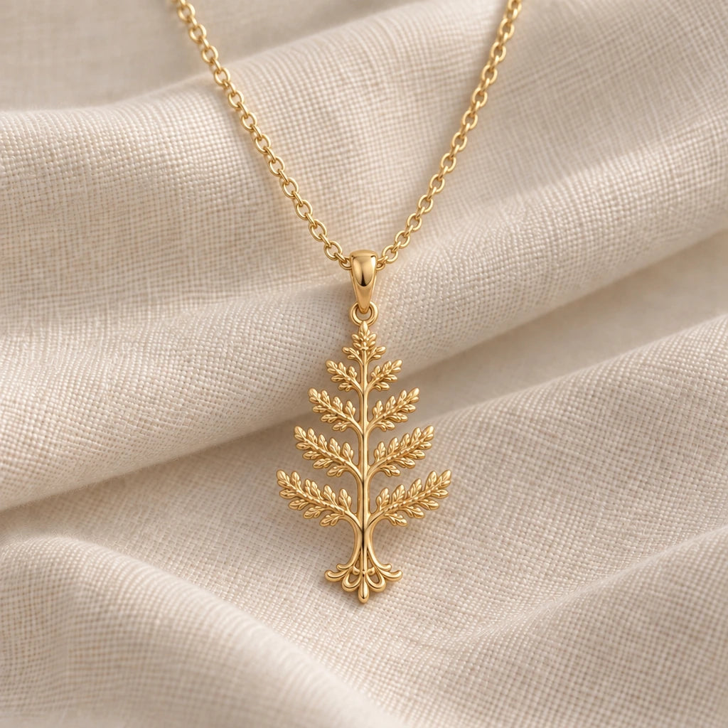 Cedar Crest Tree pendant necklace in an 18k gold plated finish