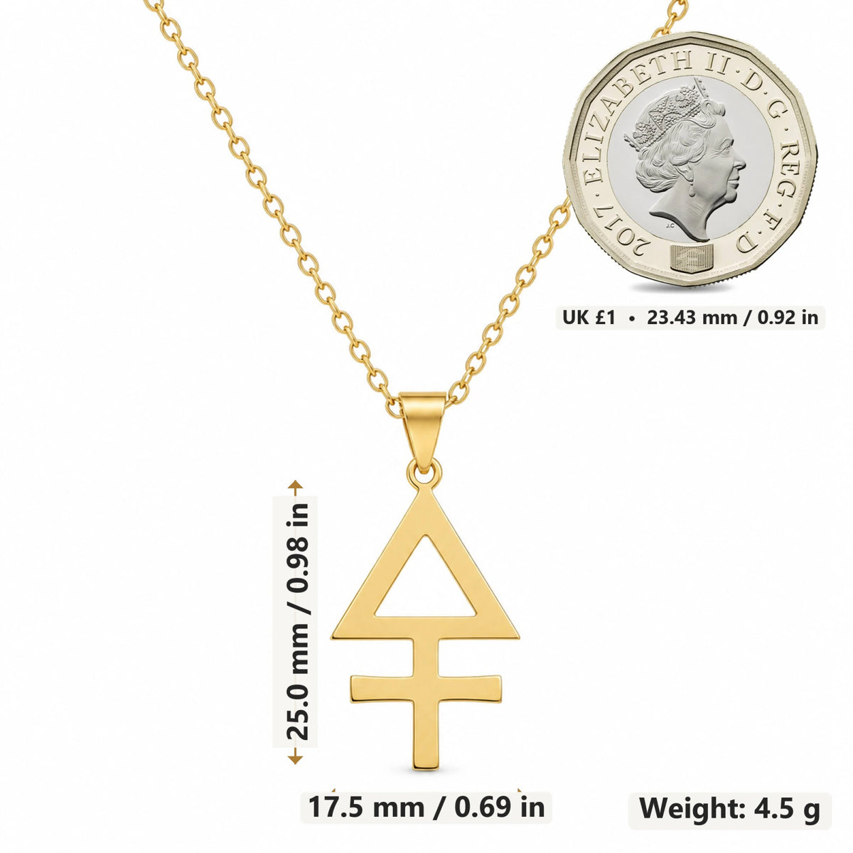 Sulphur Alchemy Symbol pendant necklace size image showing 25 mm height and 17.5 mm width and 4.5 g weight
