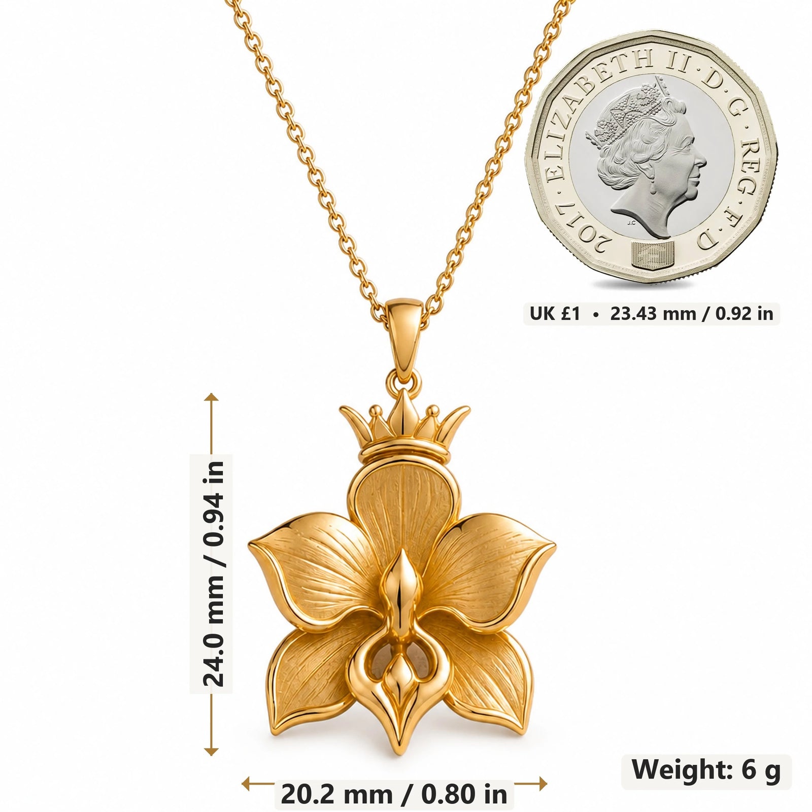 Crowned Orchid pendant necklace size image showing 24.0 mm height, 20.2 mm width and 6 g weight