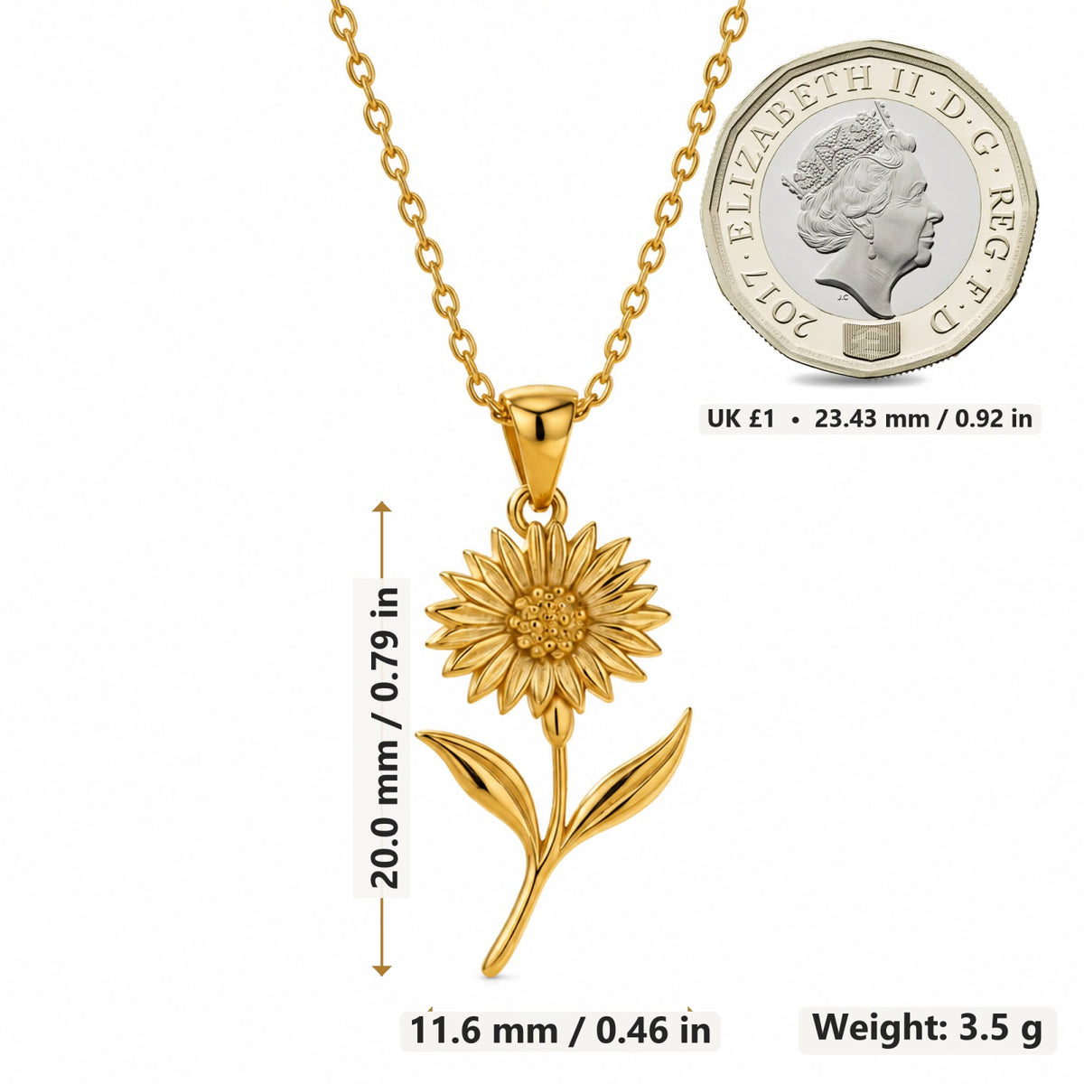 Cornflower pendant necklace size image showing 20 mm height and 11.6 mm width and 3.5 g weight