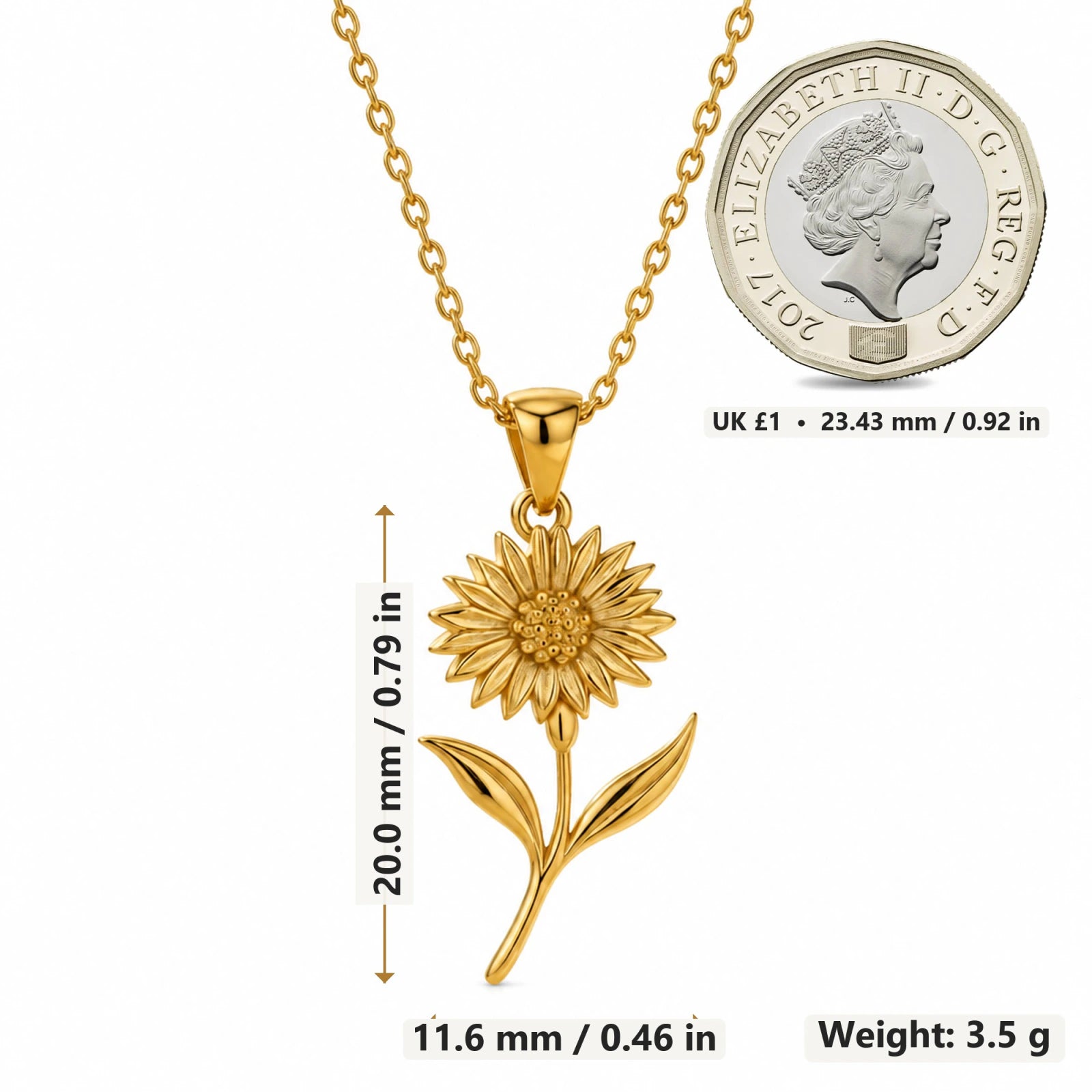 Cornflower pendant necklace size image showing 20 mm height and 11.6 mm width and 3.5 g weight