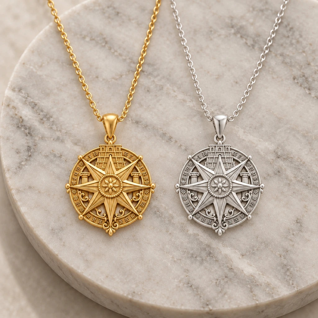 Babylon Star Medallion pendant necklace in silver and gold finishes side by side