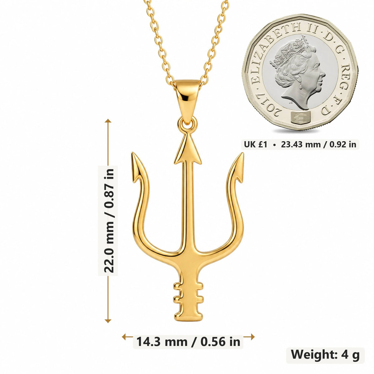 Neptune Trident pendant necklace size image showing 22 mm height and 14.3 mm width and 4 g weight