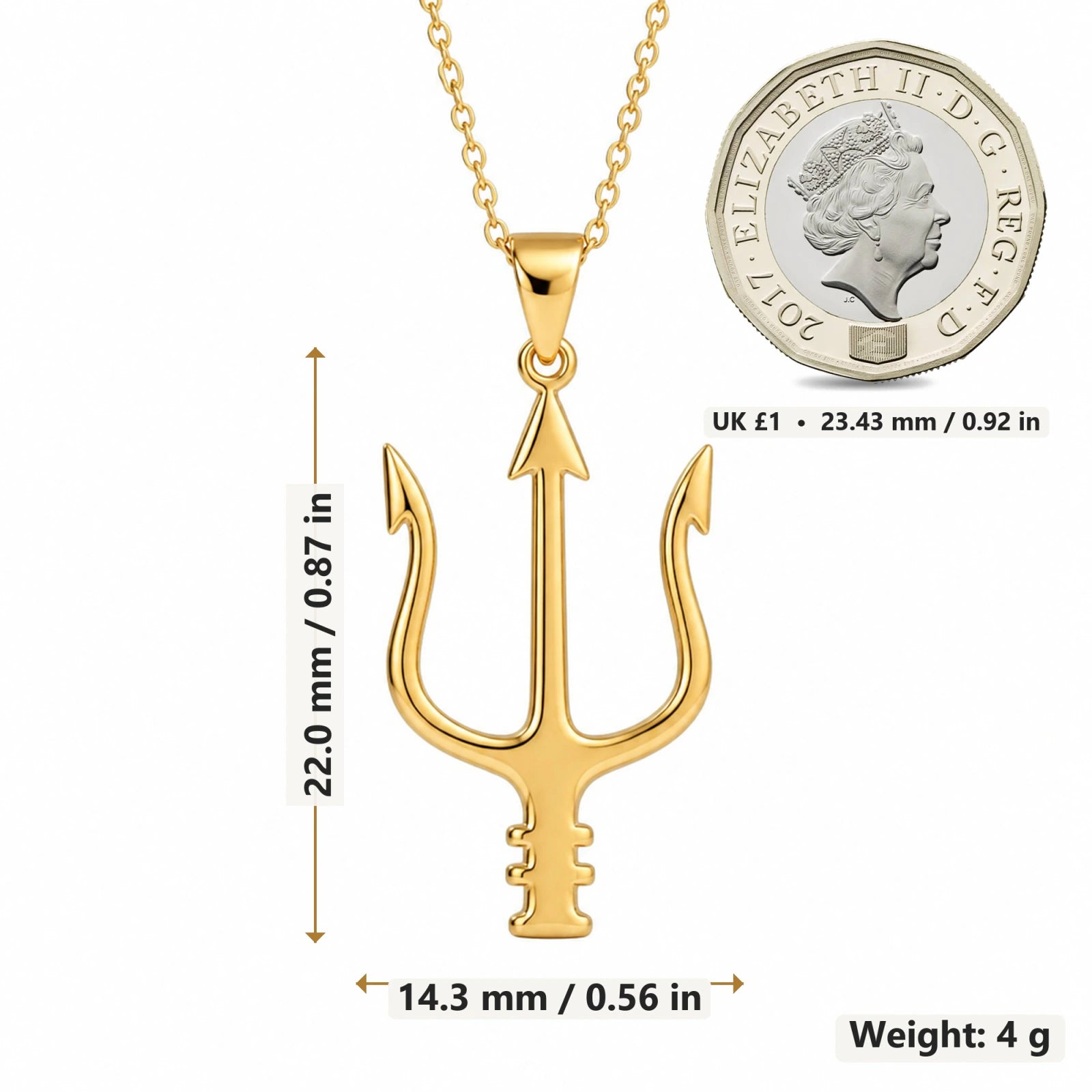 Neptune Trident pendant necklace size image showing 22 mm height and 14.3 mm width and 4 g weight