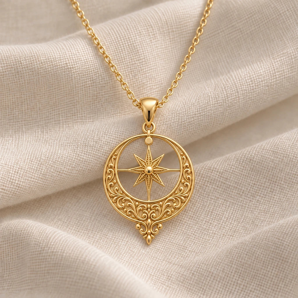 Ottoman Crescent Star pendant necklace in an 18k gold plated finish