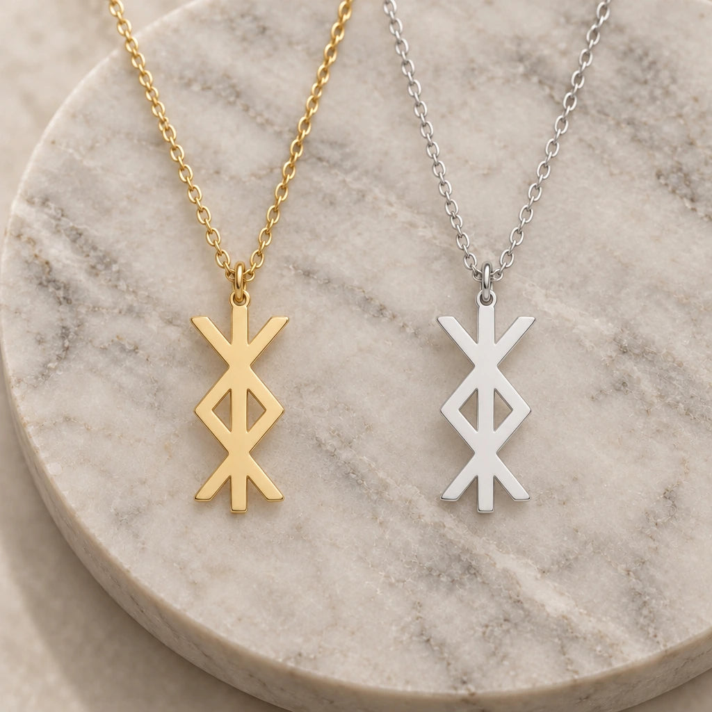Protection Bind Rune pendant necklace in silver and gold finishes side by side