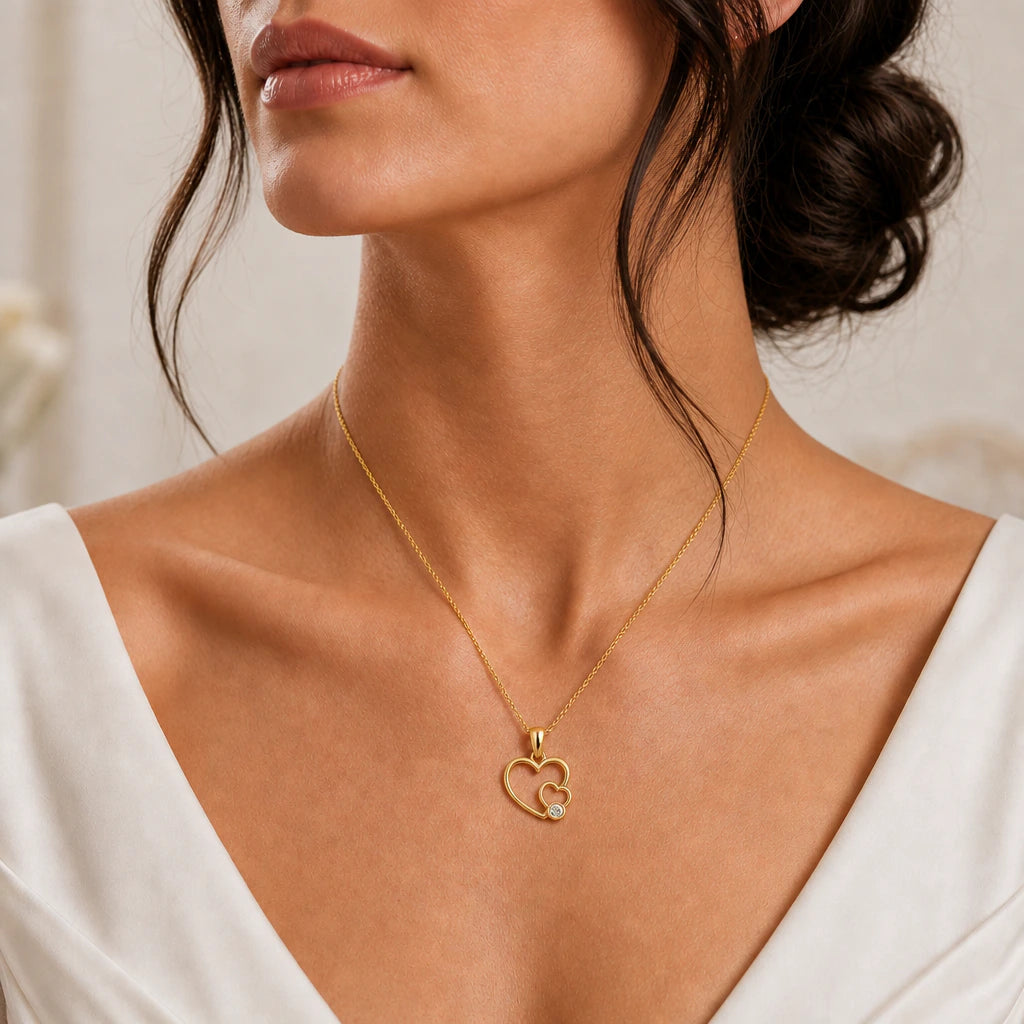 Mother Daughter Double Heart Birthstone Pendant Necklace worn, second view