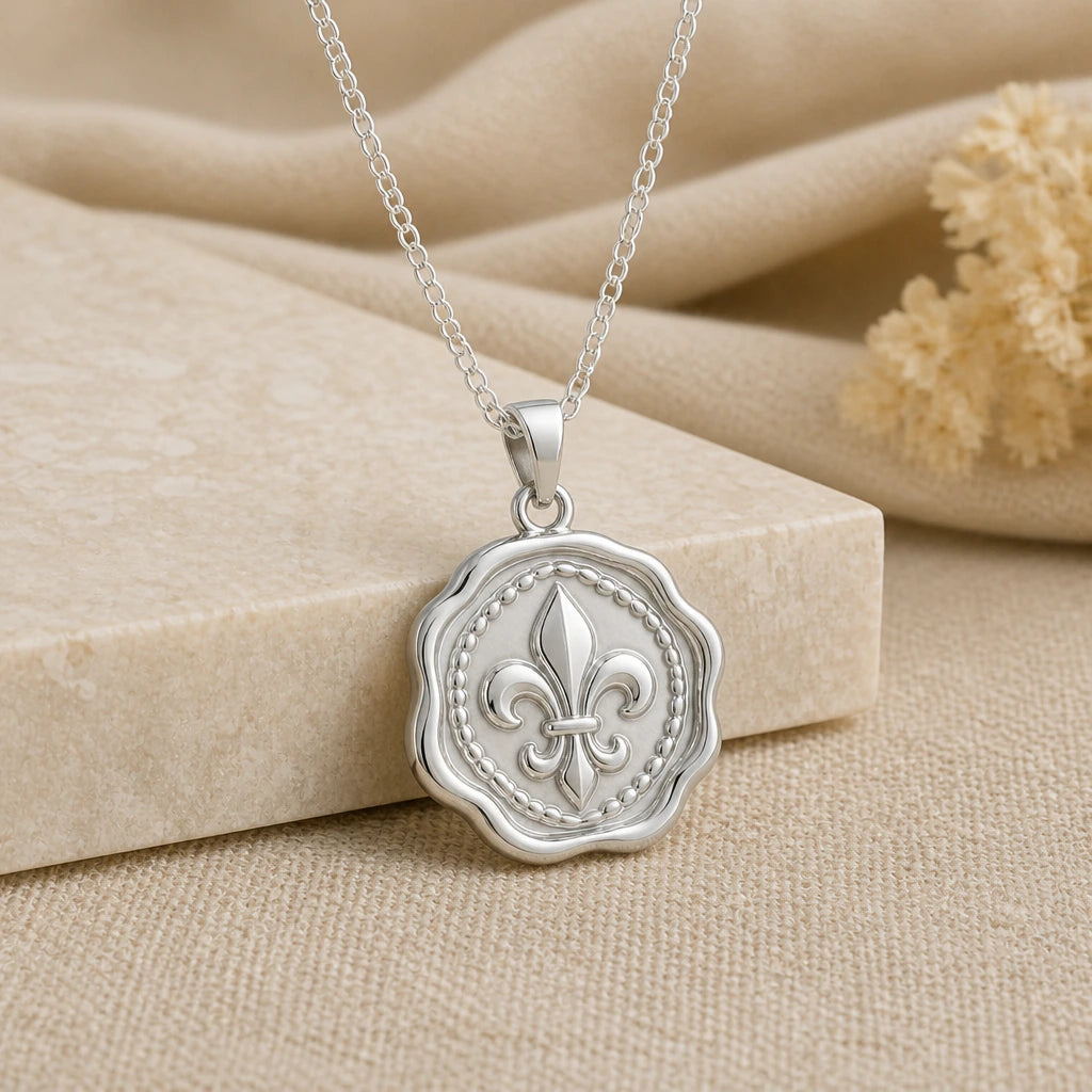 925 sterling silver fleur de lis wax seal pendant necklace on softly folded cream linen
