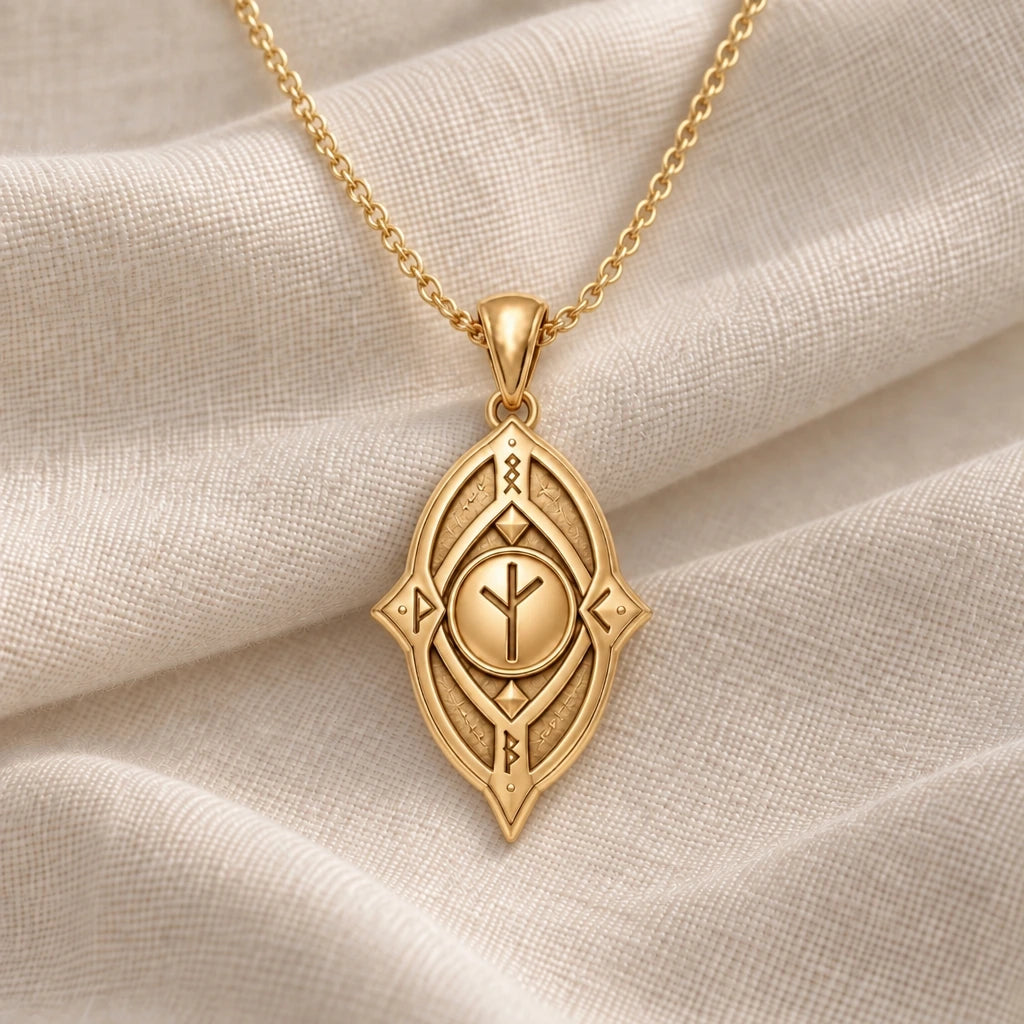 Protective Rune Shield pendant necklace in an 18k gold plated finish