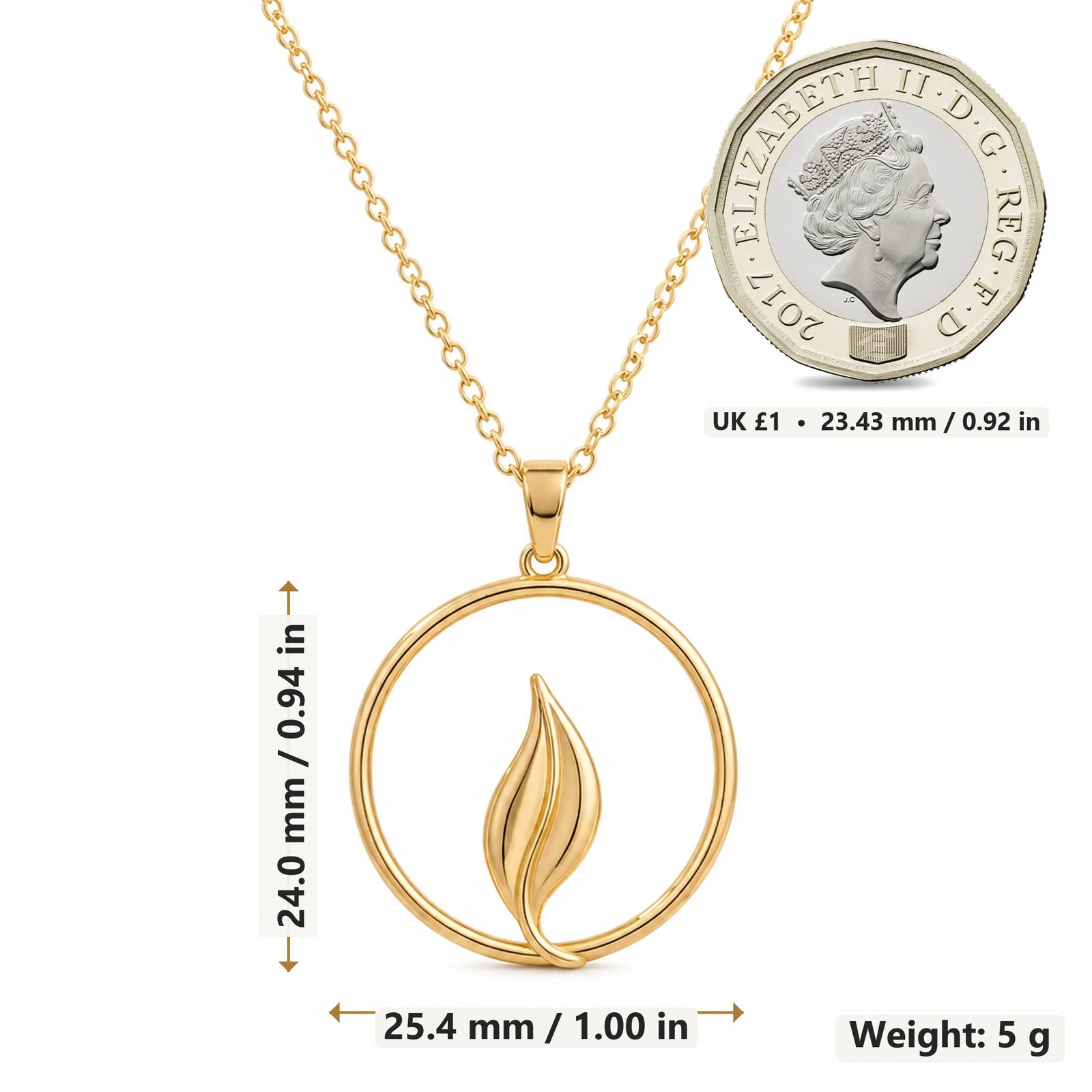 Halo Leaf pendant necklace size image showing 24.0 mm height, 25.4 mm width and 5 g weight