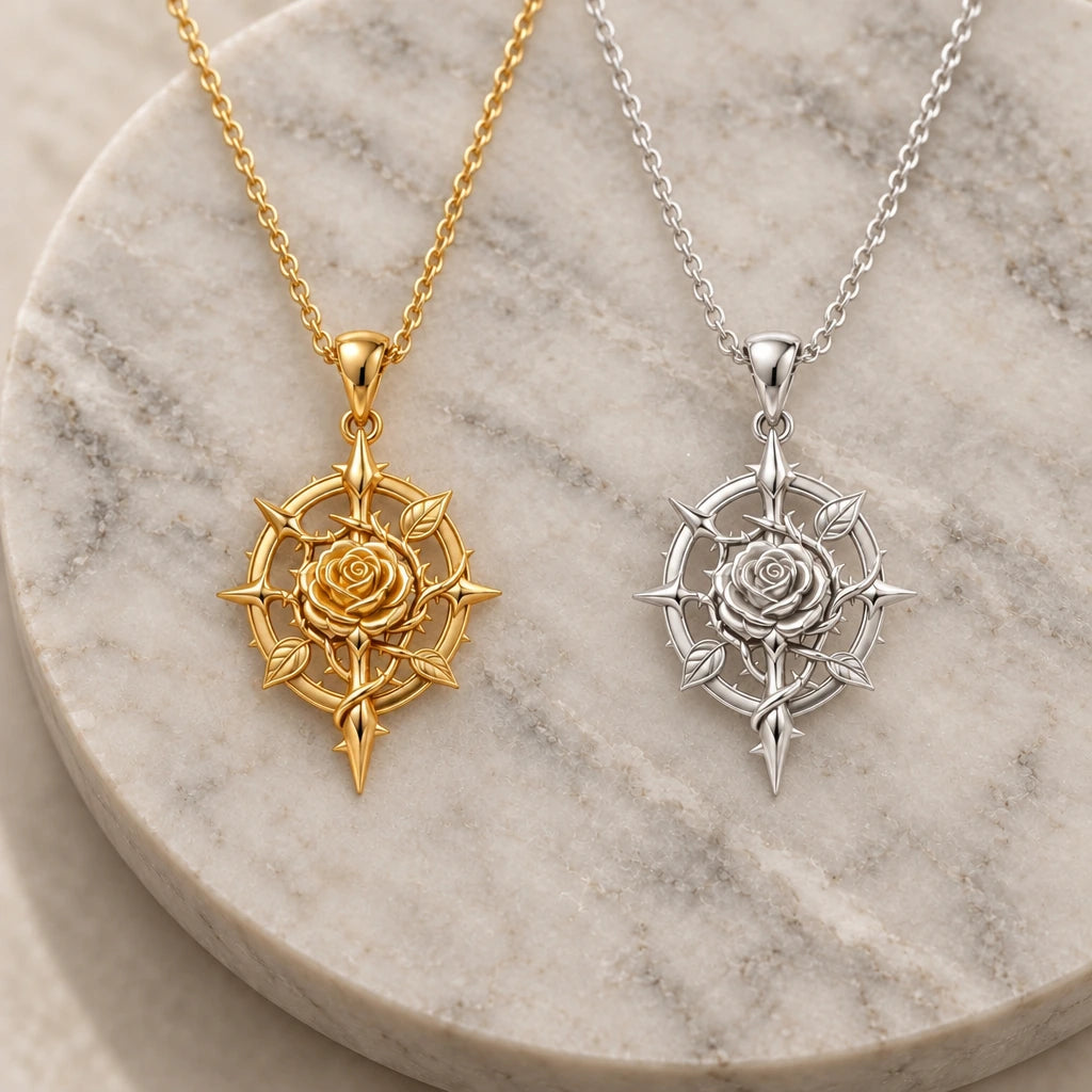 Rose Thorn Compass pendant necklace in silver and gold finishes side by side
