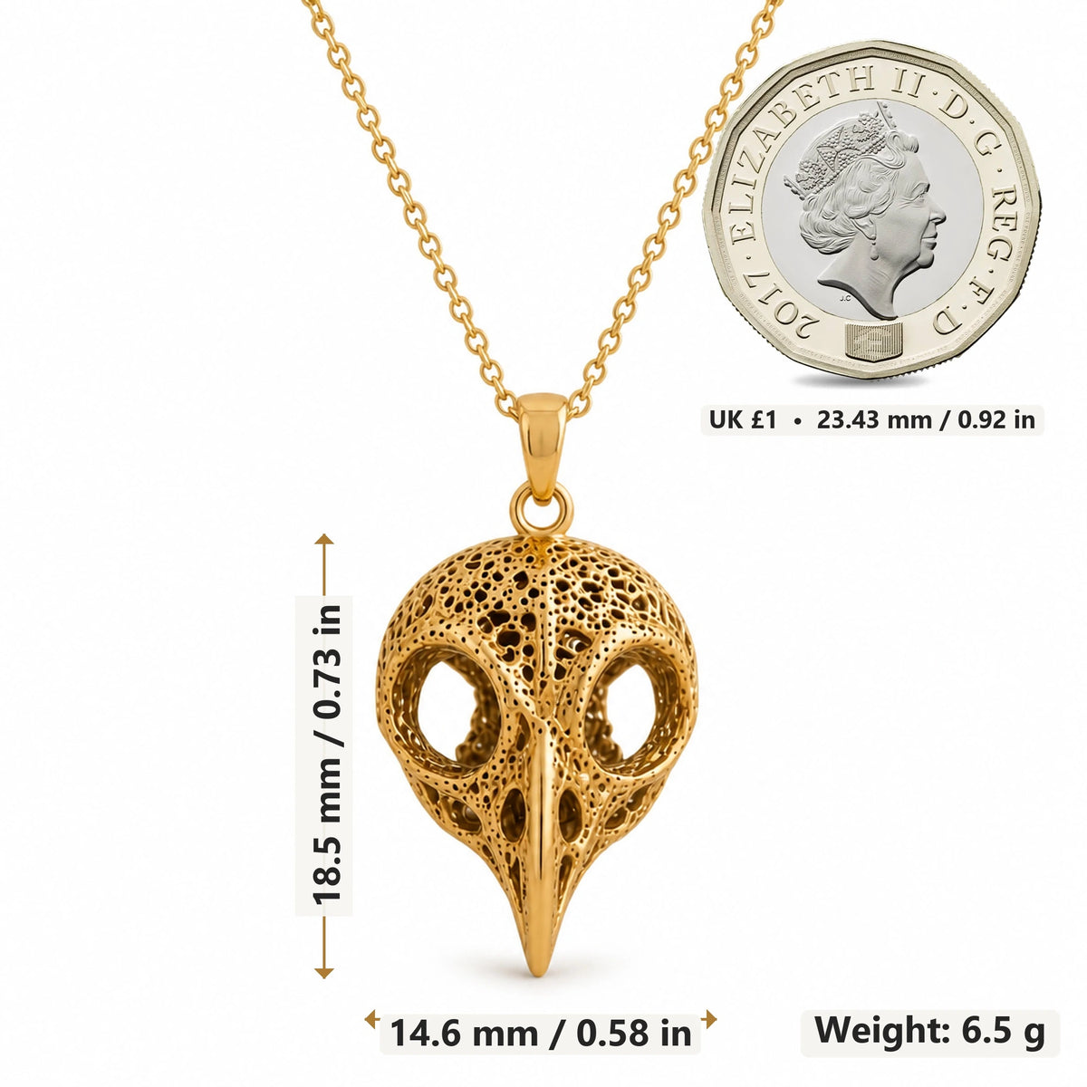 Ancient Owl Skull pendant necklace size image showing 18.5 mm height, 14.6 mm width and 6.5 g weight