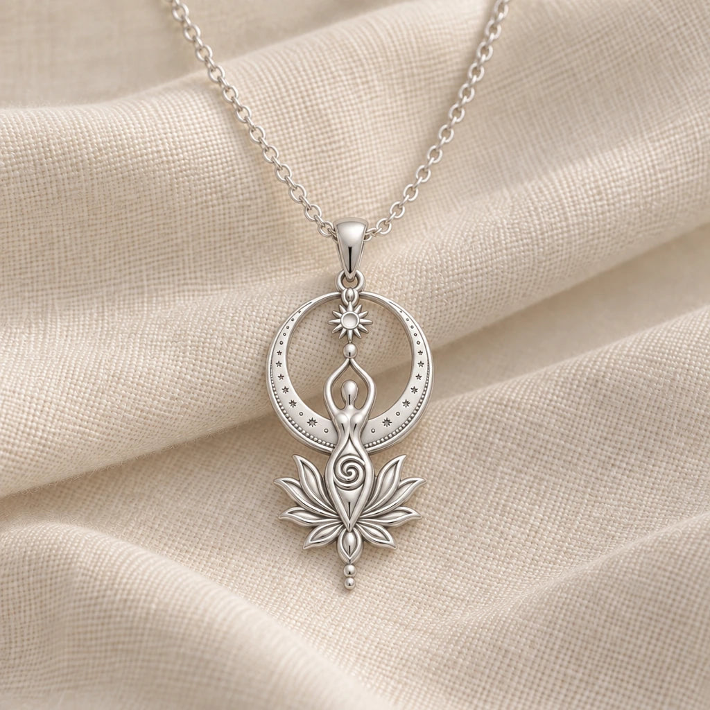 925 sterling silver divine feminine goddess pendant necklace on cream fabric