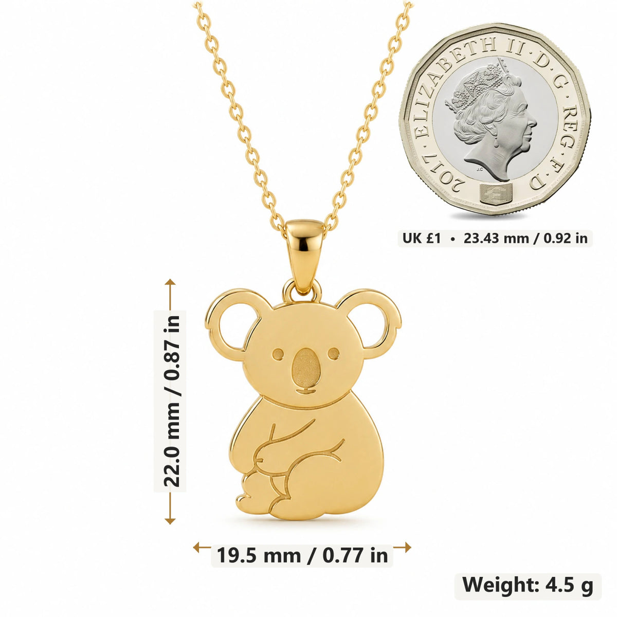 Koala pendant necklace size image showing 22 mm height and 19.5 mm width and 4.5 g weight
