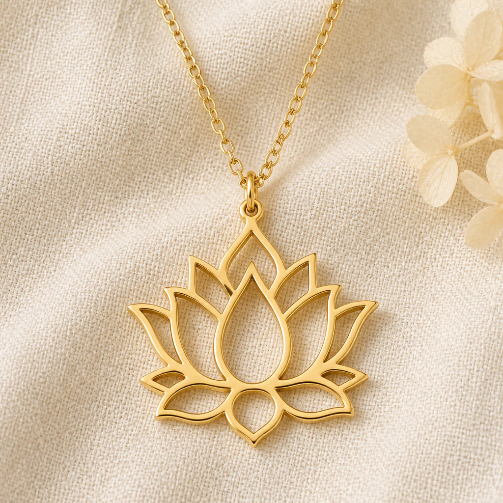 Lotus Flower pendant necklace in a warm gold finish on cream fabric