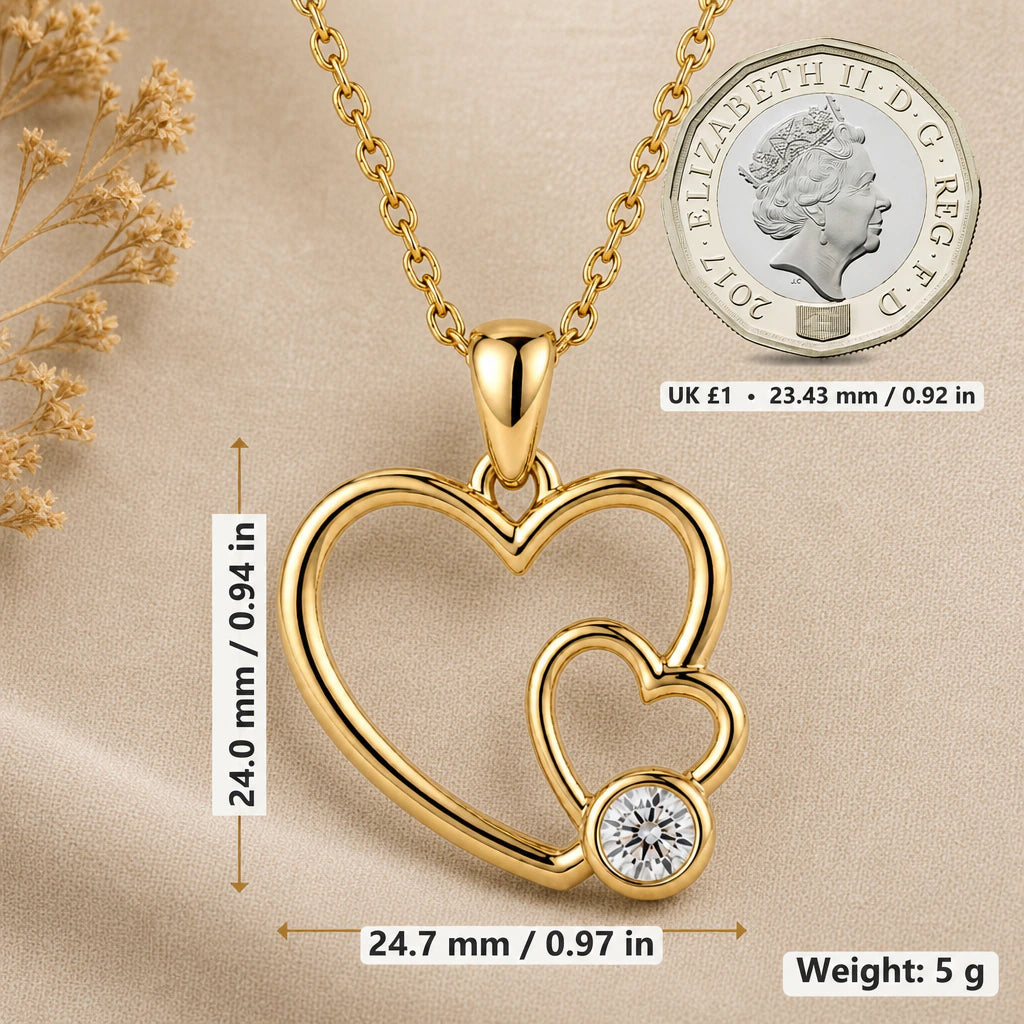 Mother Daughter Double Heart Birthstone Pendant Necklace size guide, 24 by 24.7 mm