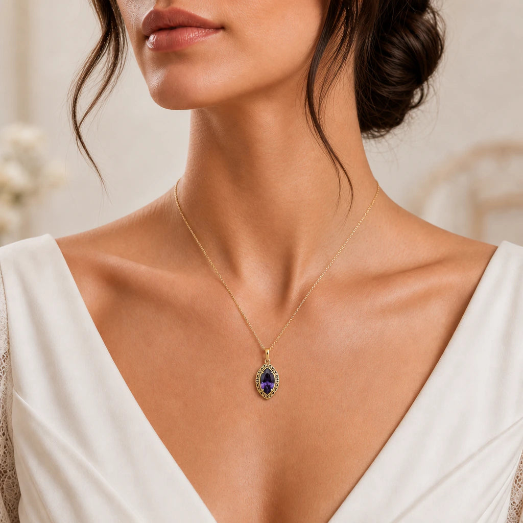 Queen's Eye Birthstone Pendant Necklace worn, second view