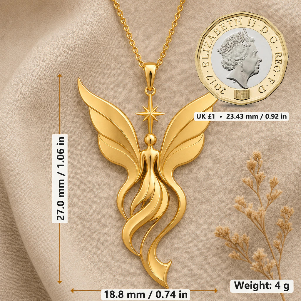 Fairy necklace size image showing 27 mm height, 18.8 mm width and 4 g weight beside a UK pound coin