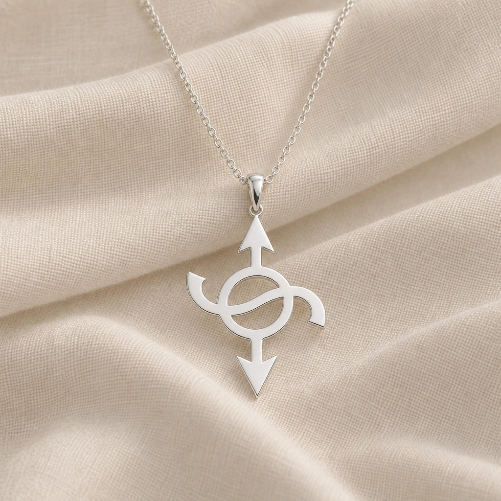 925 sterling silver quasar symbol pendant necklace on cream fabric
