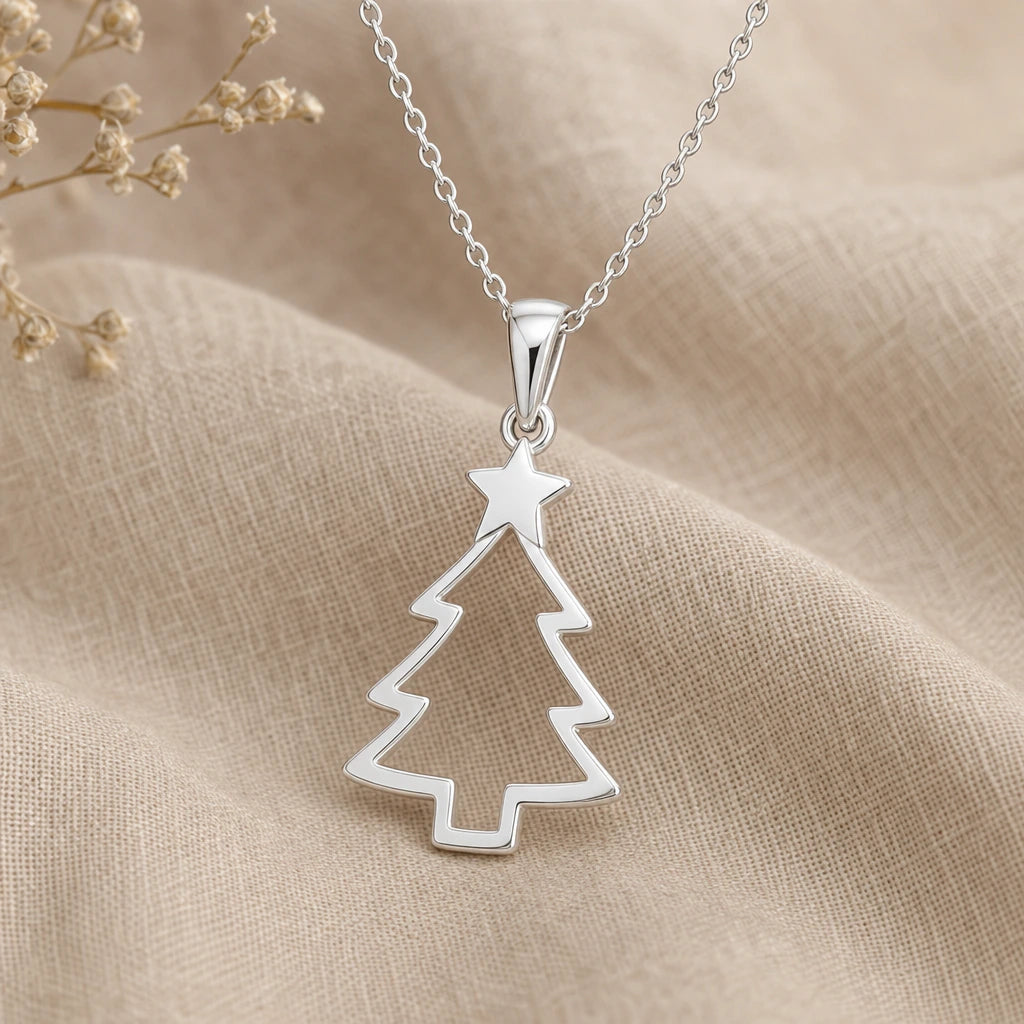 Minimalist Star Christmas Tree Pendant Necklace in sterling silver, second view