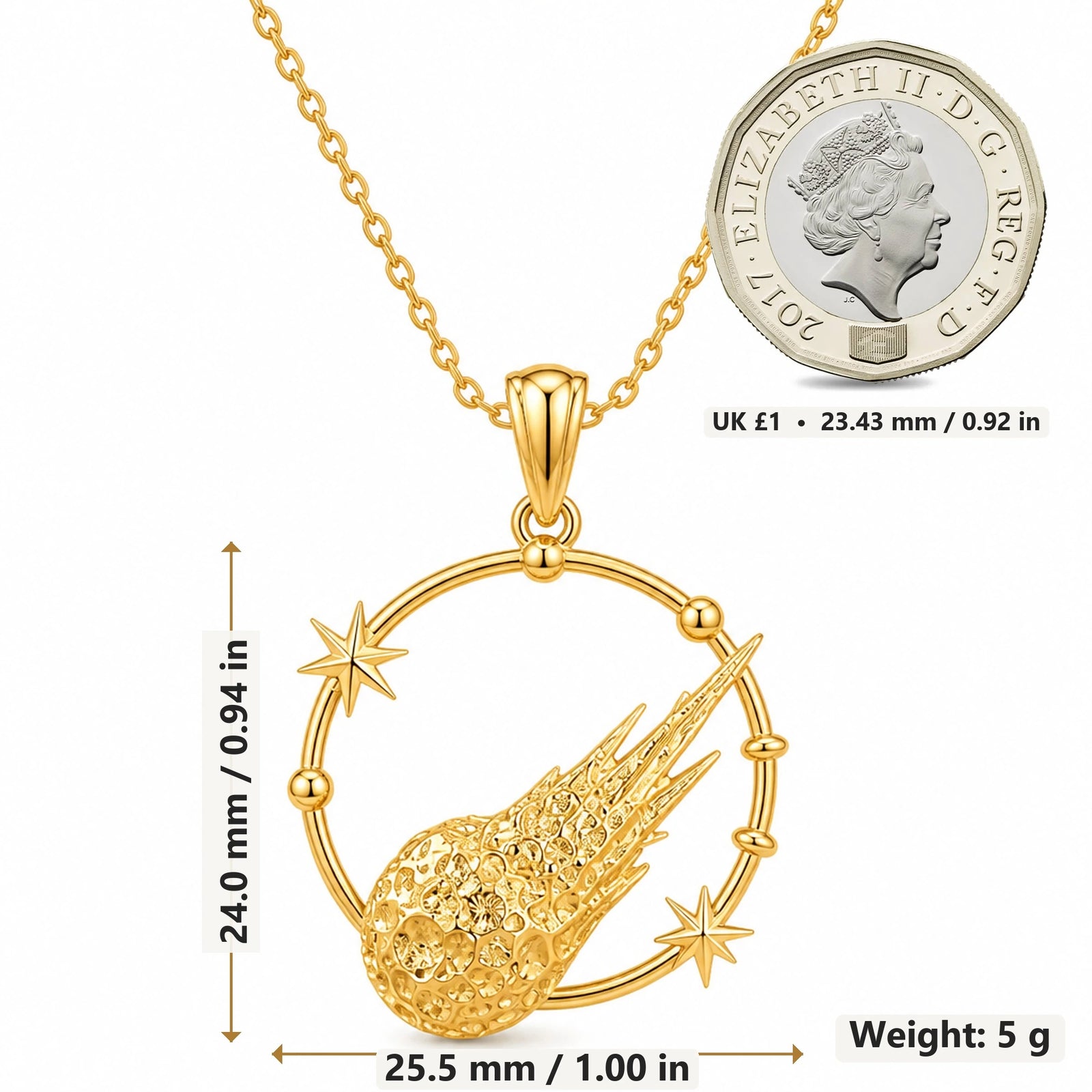 Galactic Meteor Halo pendant necklace size image showing 24.0 mm height, 25.5 mm width and 5 g weight