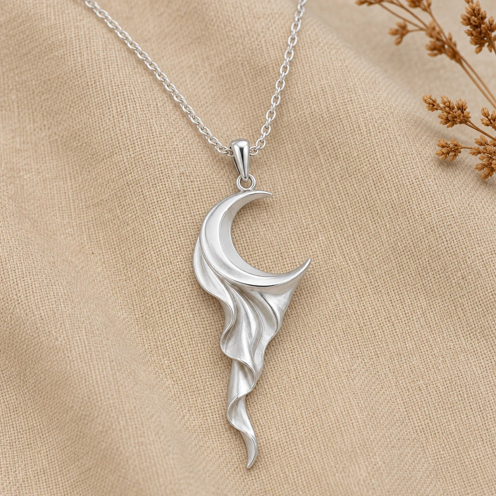Lunar silk crescent moon pendant necklace in 925 sterling silver