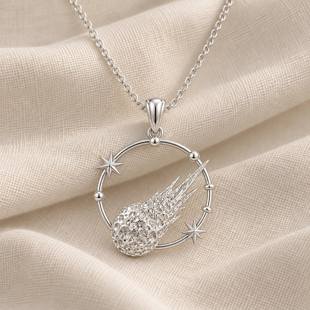 925 sterling silver galactic meteor halo pendant necklace on cream fabric