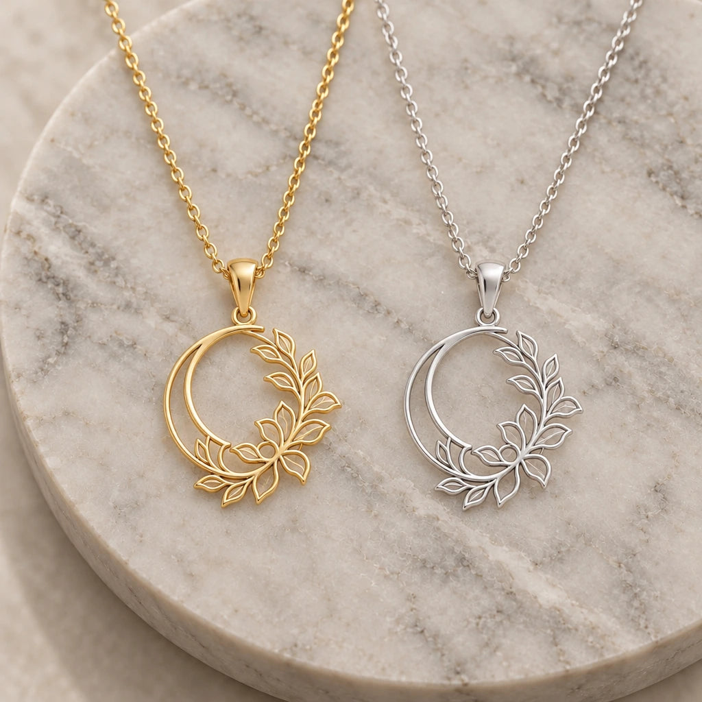 Crescent Petal Frame pendant necklace in silver and gold finishes side by side