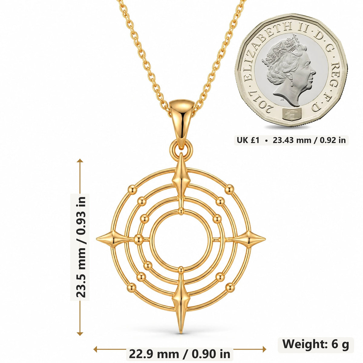 Cosmic Portal Orbit pendant necklace size image showing 23.5 mm height, 22.9 mm width and 6 g weight
