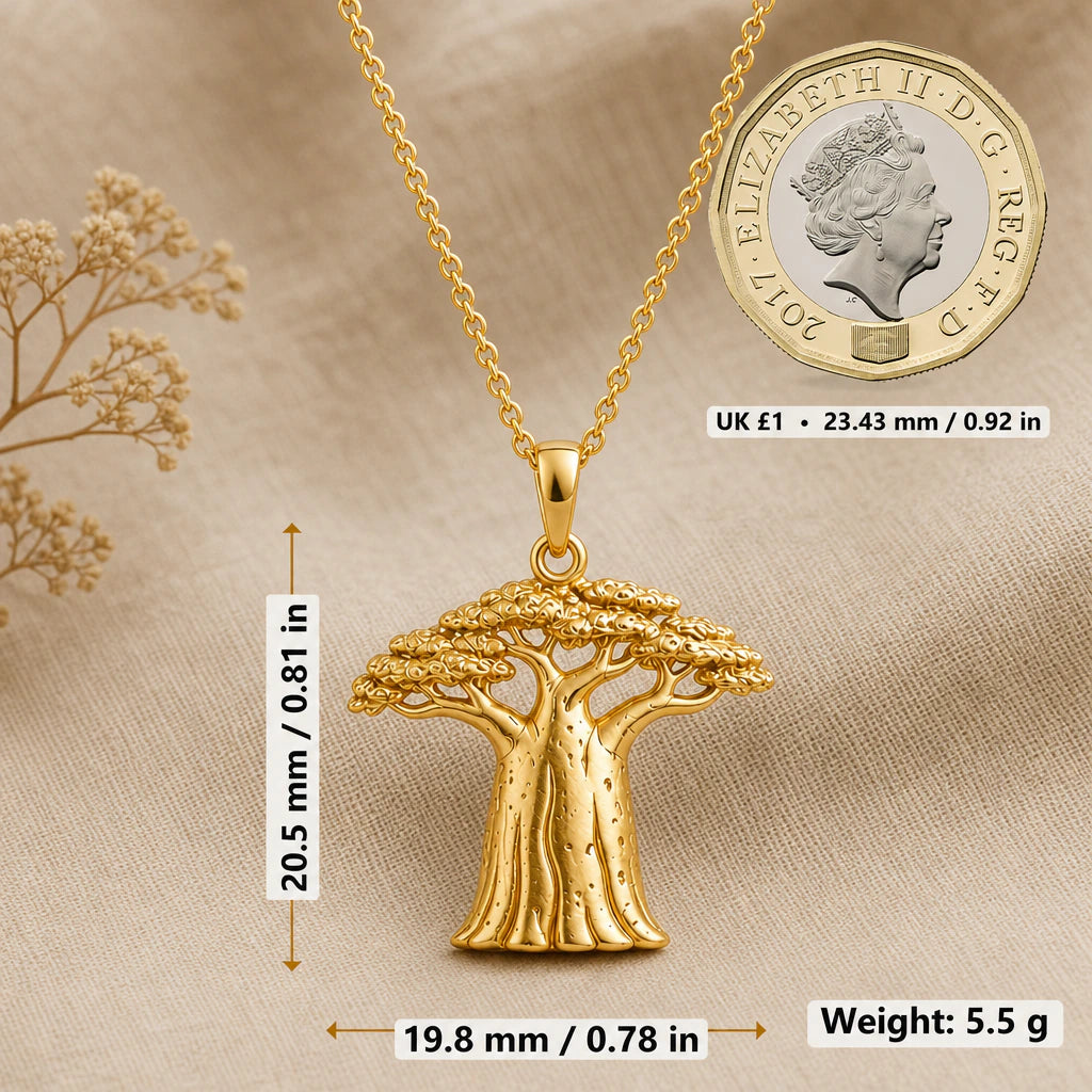 Baobab tree necklace size image showing 20.5 mm height, 19.8 mm width and 5.5 g weight beside a UK pound coin