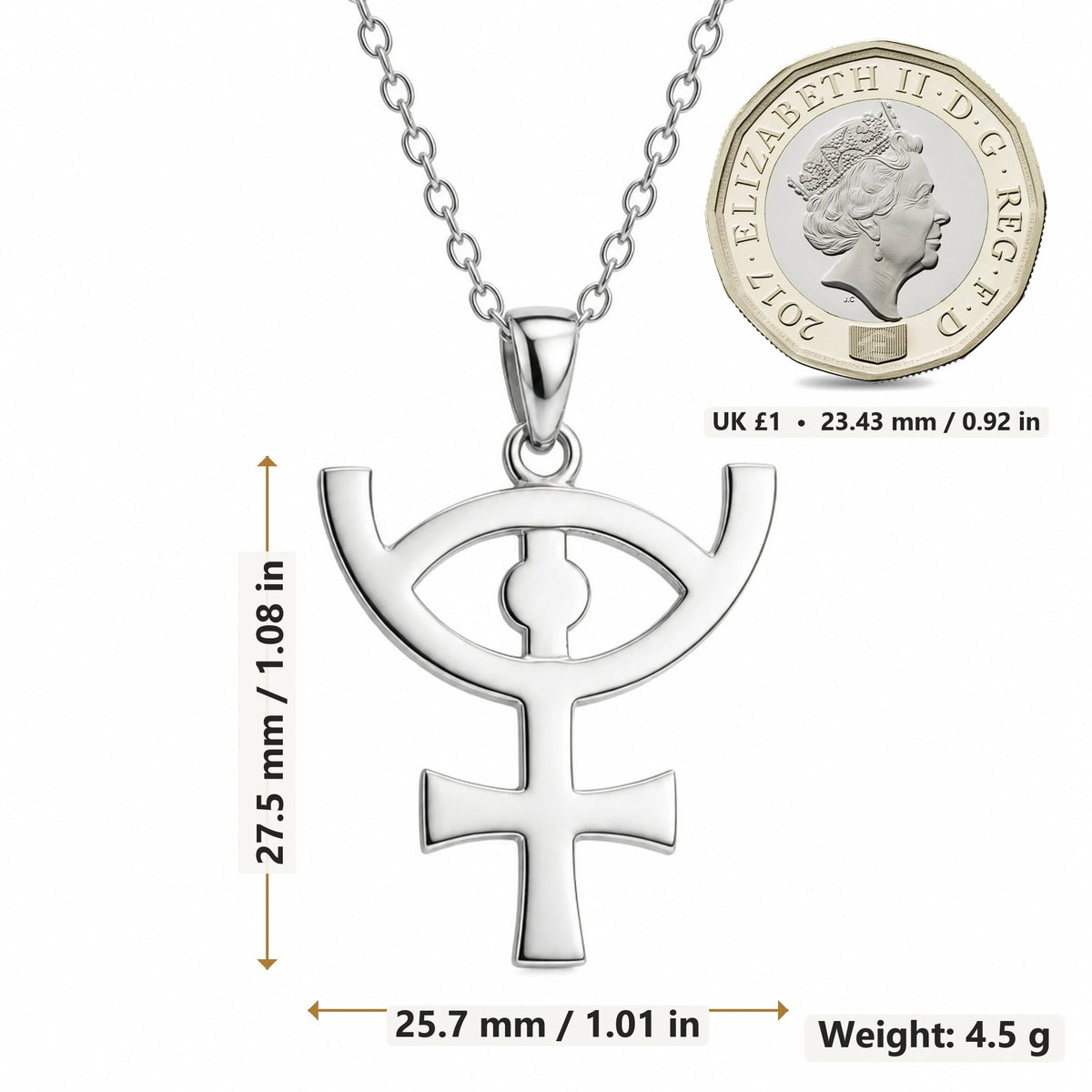 Osiris Symbol pendant necklace size image showing 27.5 mm height, 25.7 mm width and 4.5 g weight