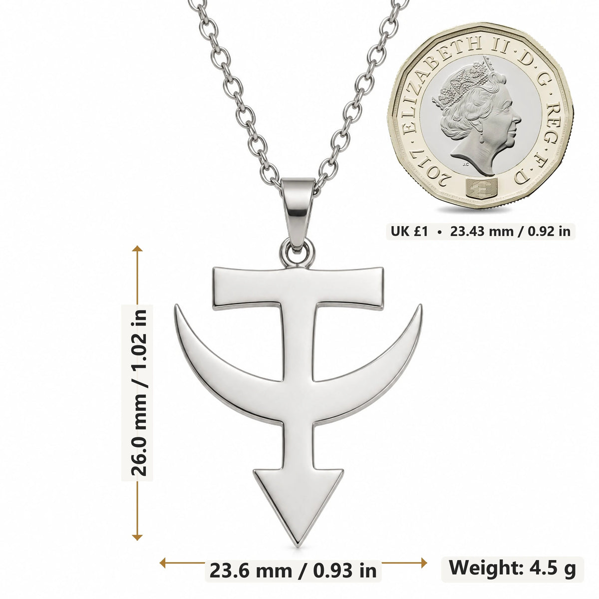 Tataria Asteroid Symbol pendant necklace size image showing 26.0 mm height, 23.6 mm width and 4.5 g weight