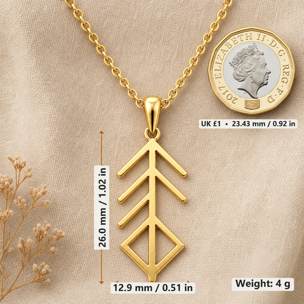Viking Music Bind Rune Pendant Necklace size guide, 26 by 12.9 mm