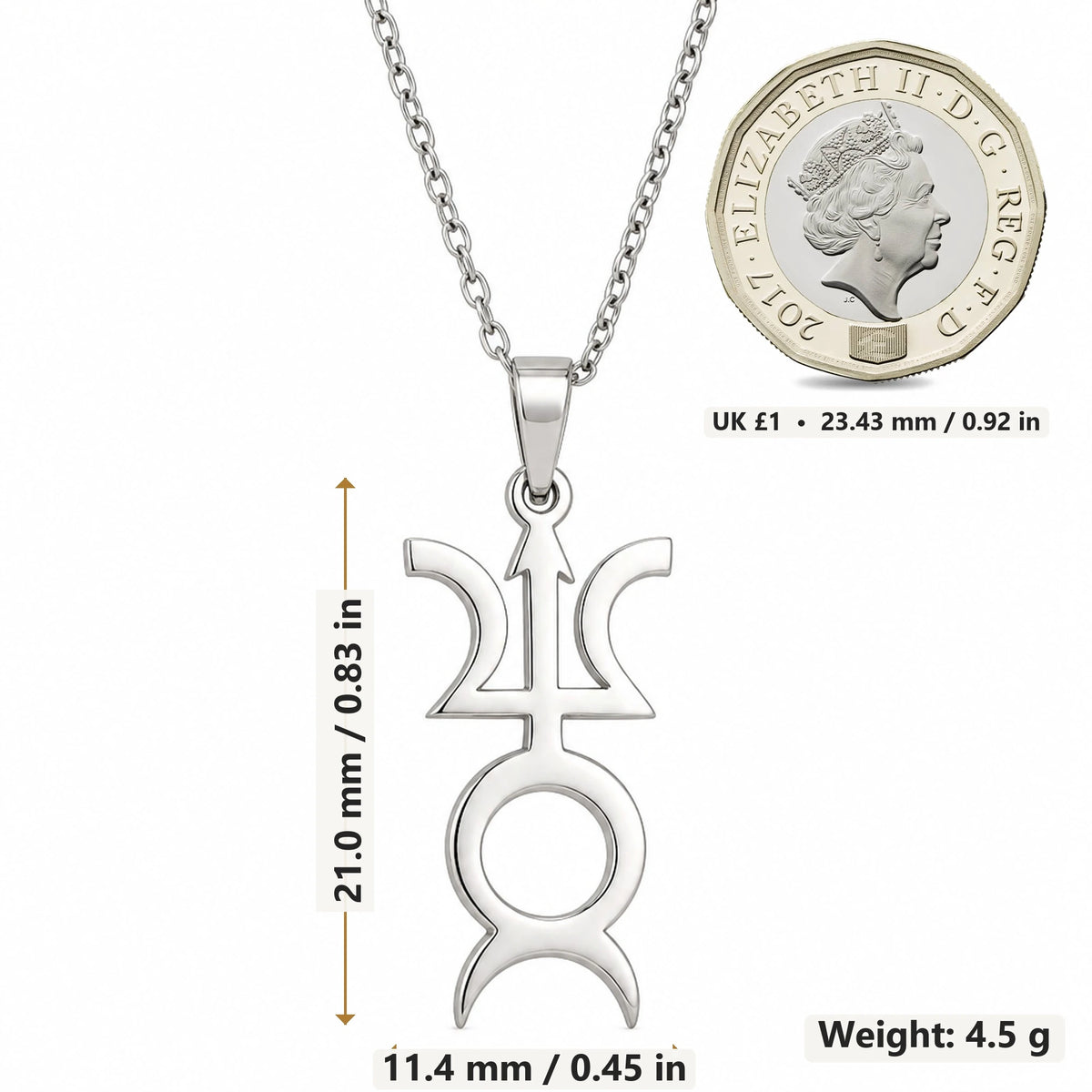 Varuna Horned Symbol pendant necklace size image showing 21.0 mm height, 11.4 mm width and 4.5 g weight