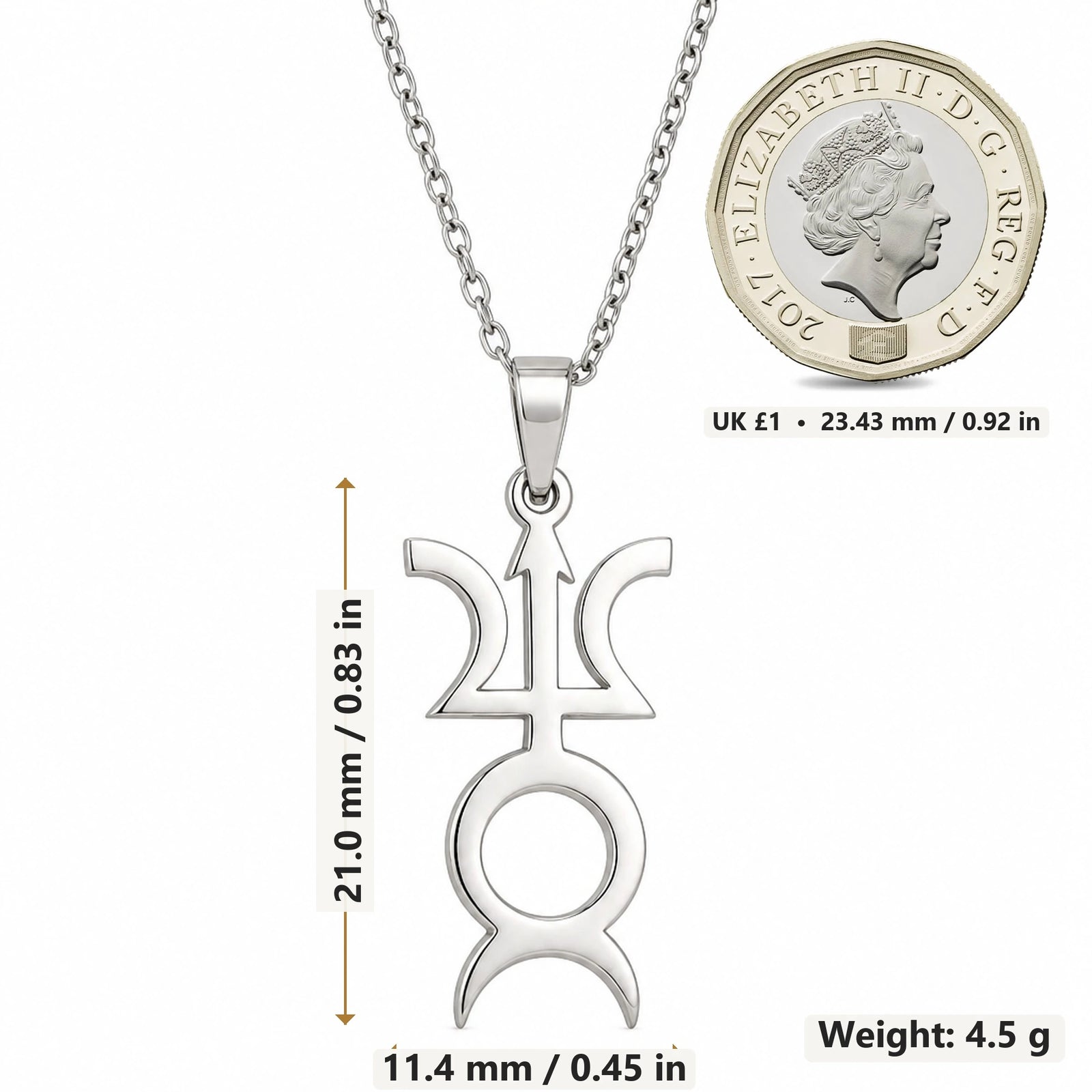 Varuna Horned Symbol pendant necklace size image showing 21.0 mm height, 11.4 mm width and 4.5 g weight