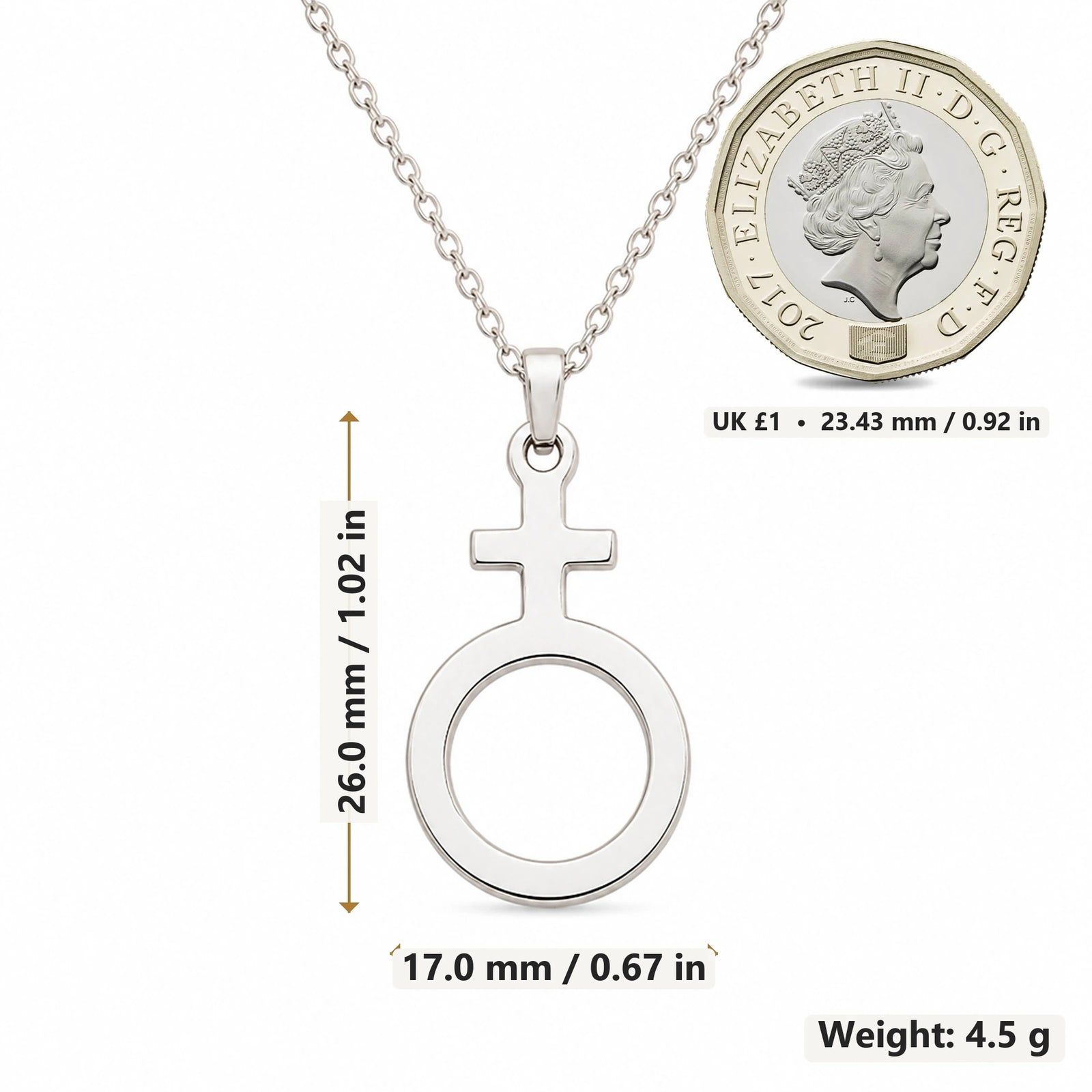 Antimony Alchemy Symbol pendant necklace size image showing 26.0 mm height, 17.0 mm width and 4.5 g weight