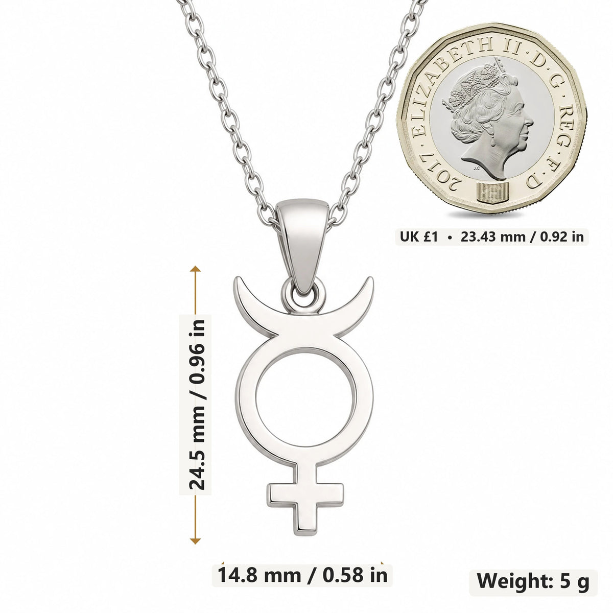 Mercury Symbol pendant necklace size image showing 24.5 mm height, 14.8 mm width and 5 g weight