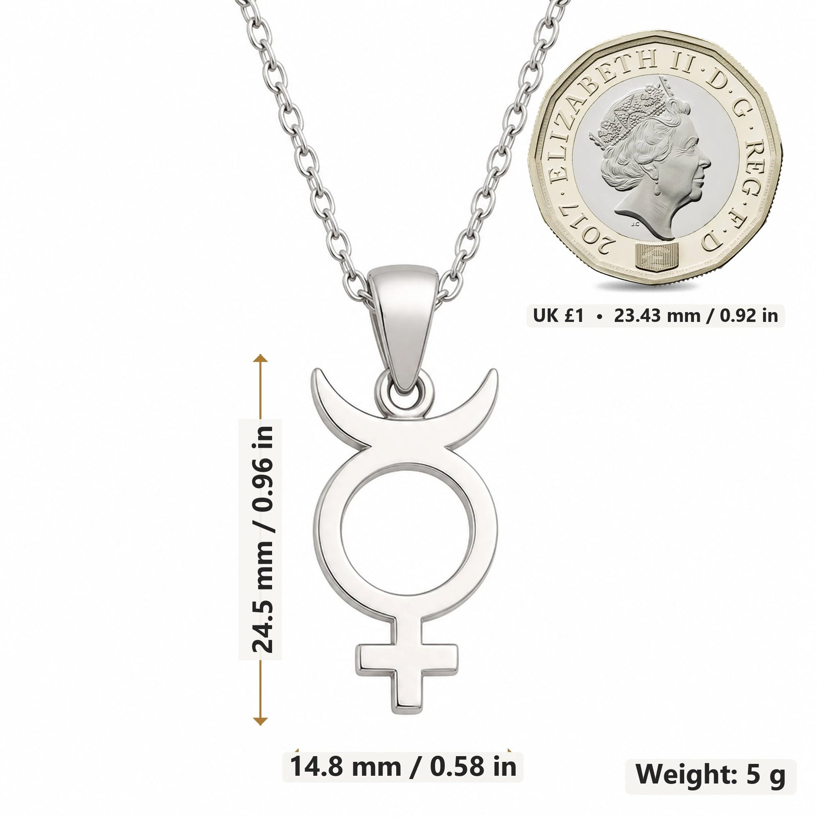Mercury Symbol pendant necklace size image showing 24.5 mm height, 14.8 mm width and 5 g weight