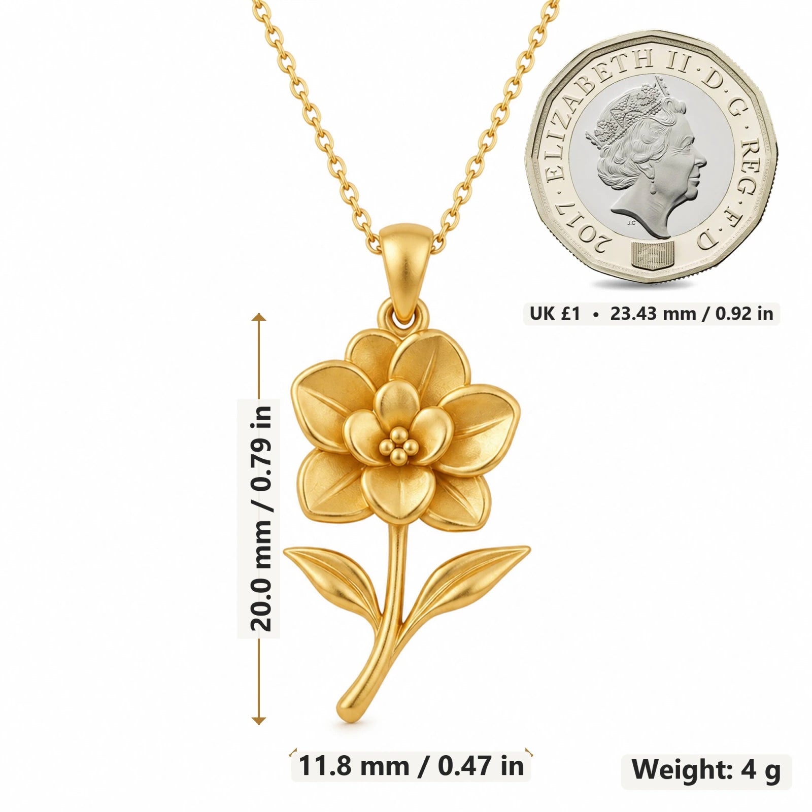 Gardenia Flower pendant necklace size image showing 20 mm height and 11.8 mm width and 4 g weight