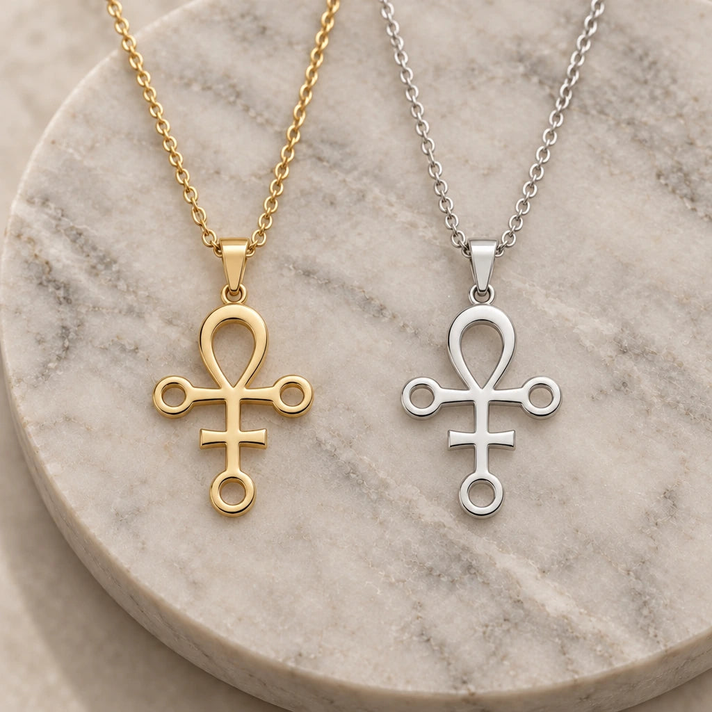 Anubis Loop Symbol pendant necklace in silver and gold finishes side by side