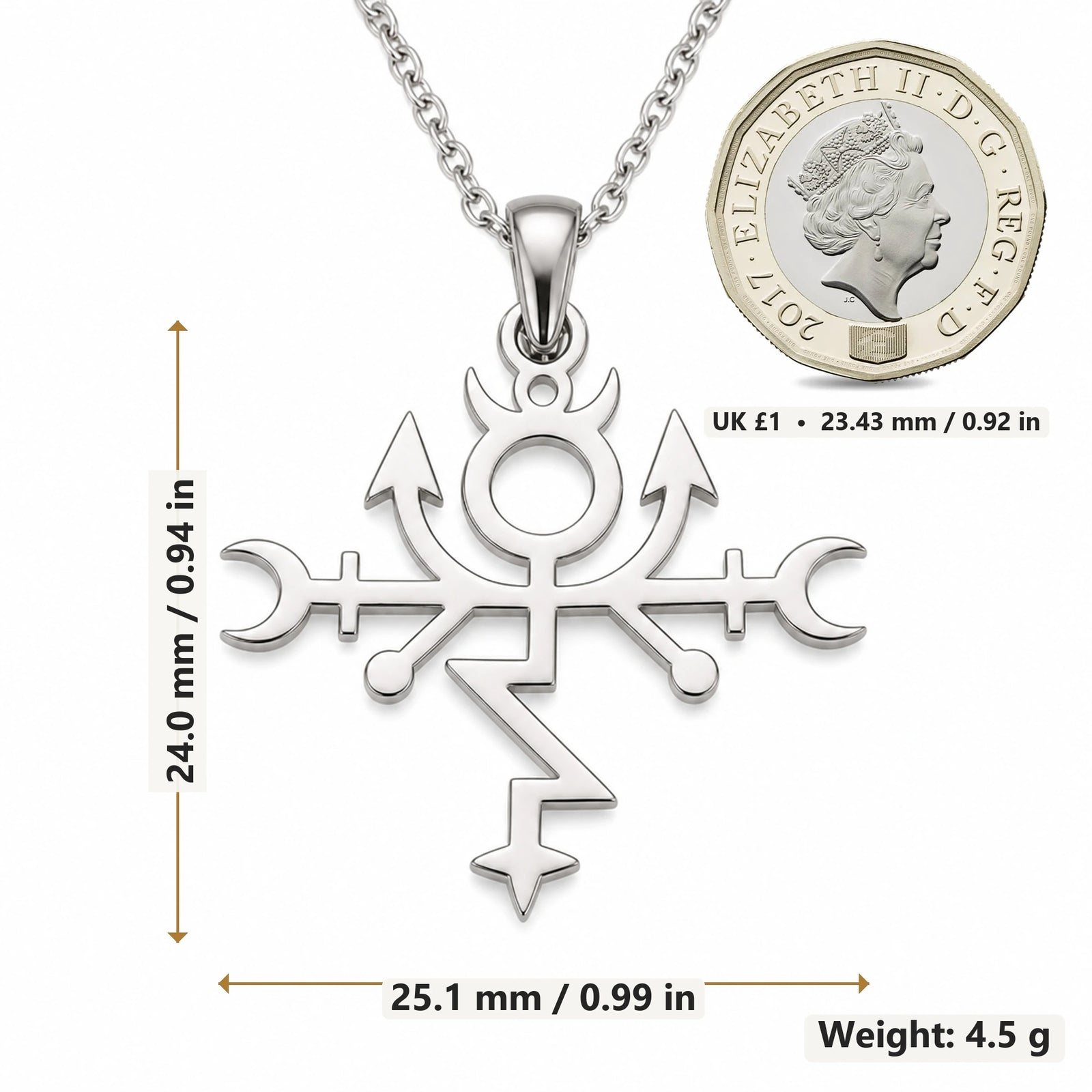 Protection Sigil Talisman pendant necklace size image showing 24.0 mm height, 25.1 mm width and 4.5 g weight