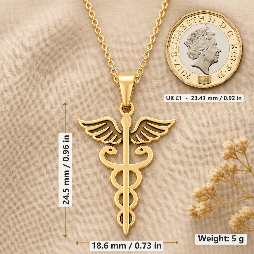 Caduceus Medical Symbol Pendant Necklace size guide, 24.5 by 18.6 mm