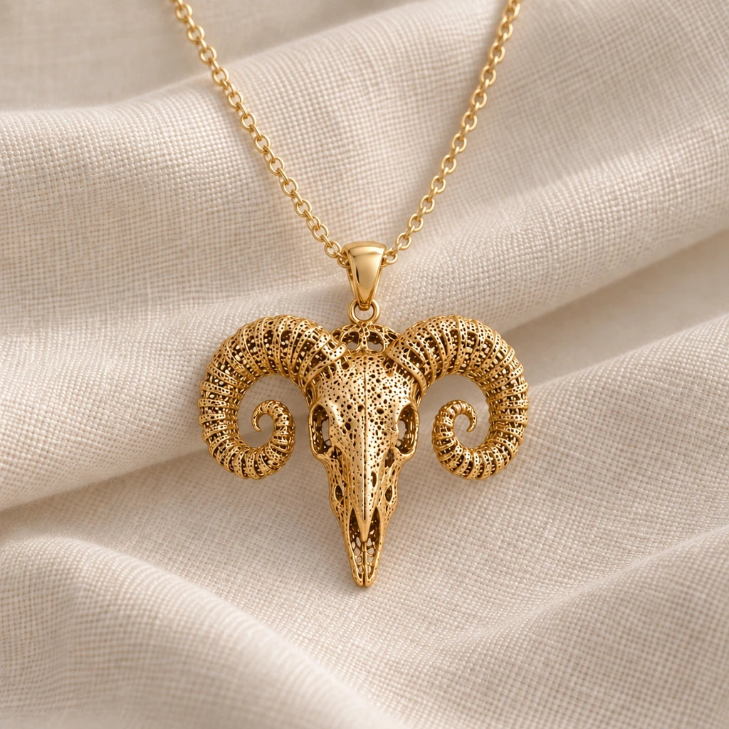 Ancient Ram Skull pendant necklace in an 18k gold plated finish