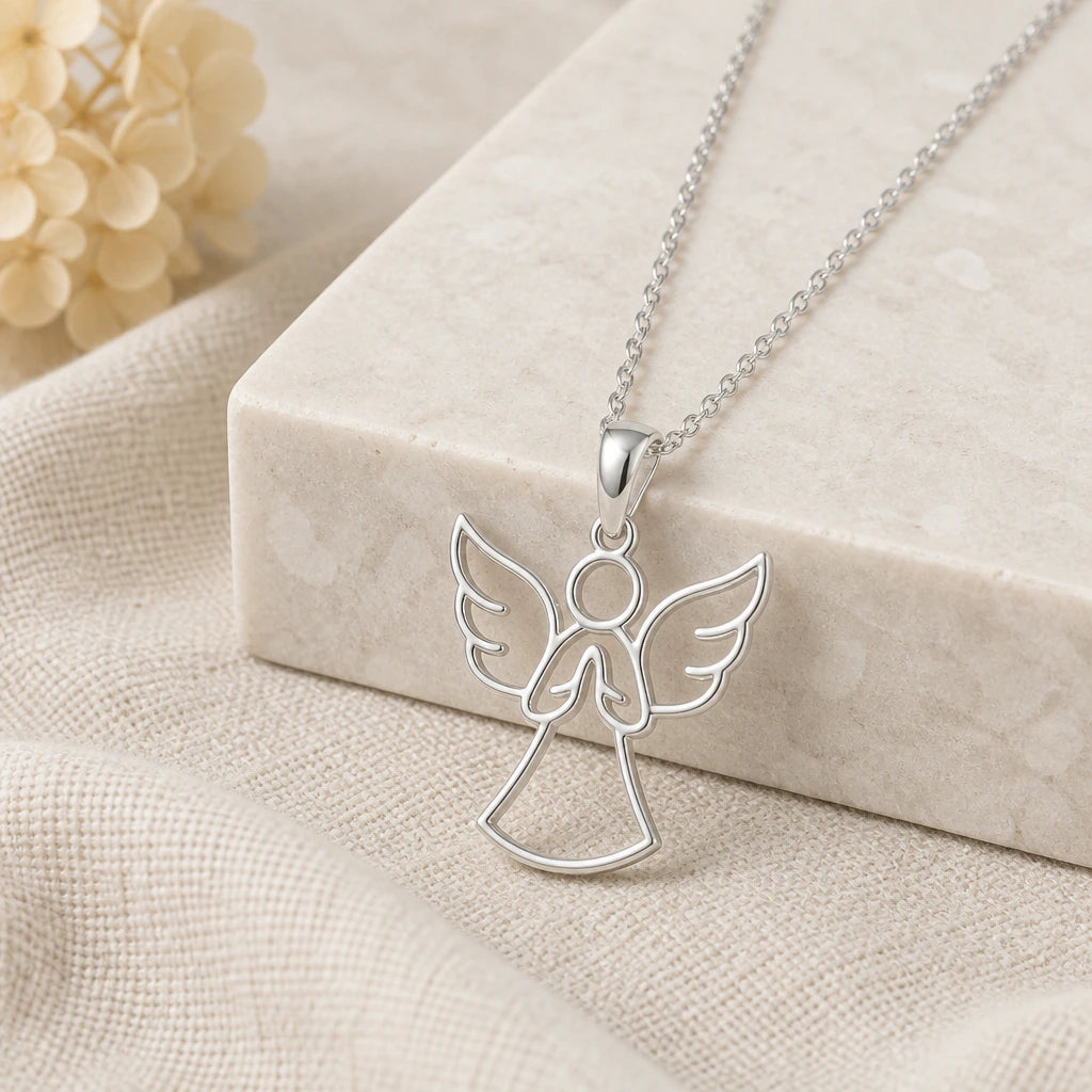 925 sterling silver guardian angel pendant necklace on softly folded cream linen
